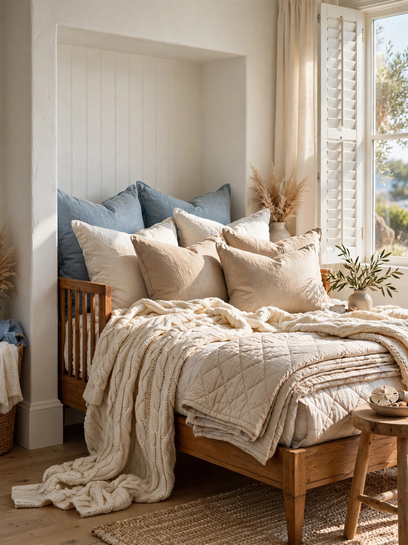 Driftwood coffee table styled with sea glass at dusk, storied cozy coastal living room ideas