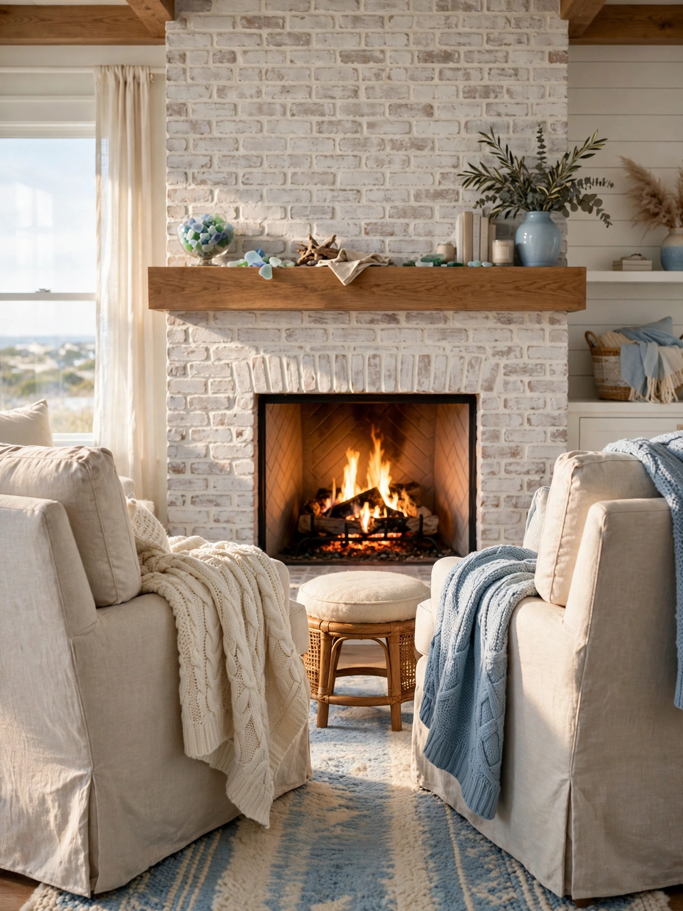 Two armchairs angled toward a glowing fireplace, gathering cozy coastal living room ideas
