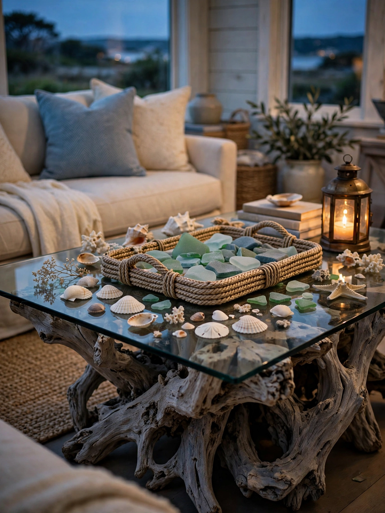 Cluster of glowing lanterns at twilight, magical cozy coastal living room ideas