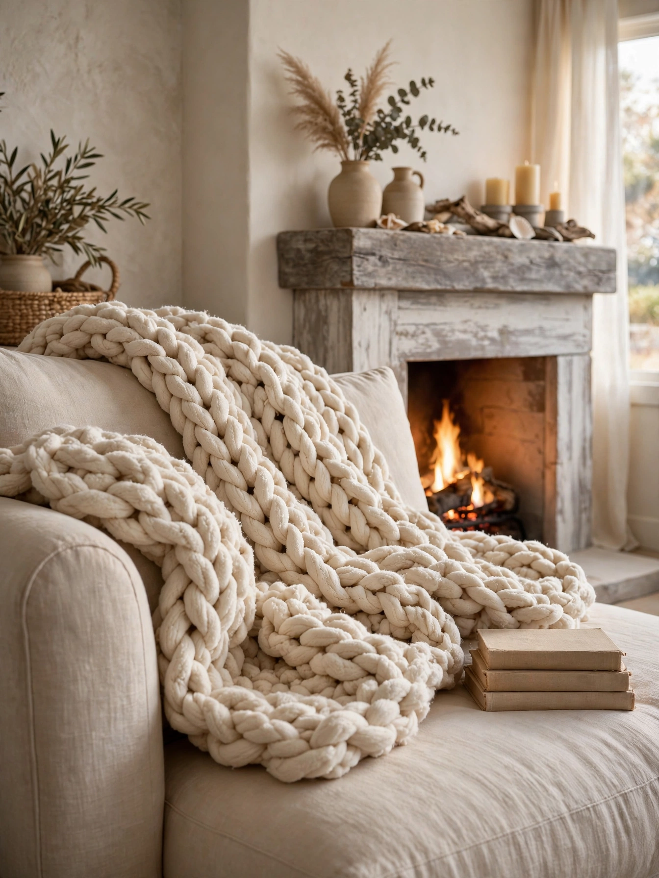 Chunky cream knit throw on a coastal sofa, the heart of cozy coastal living room ideas