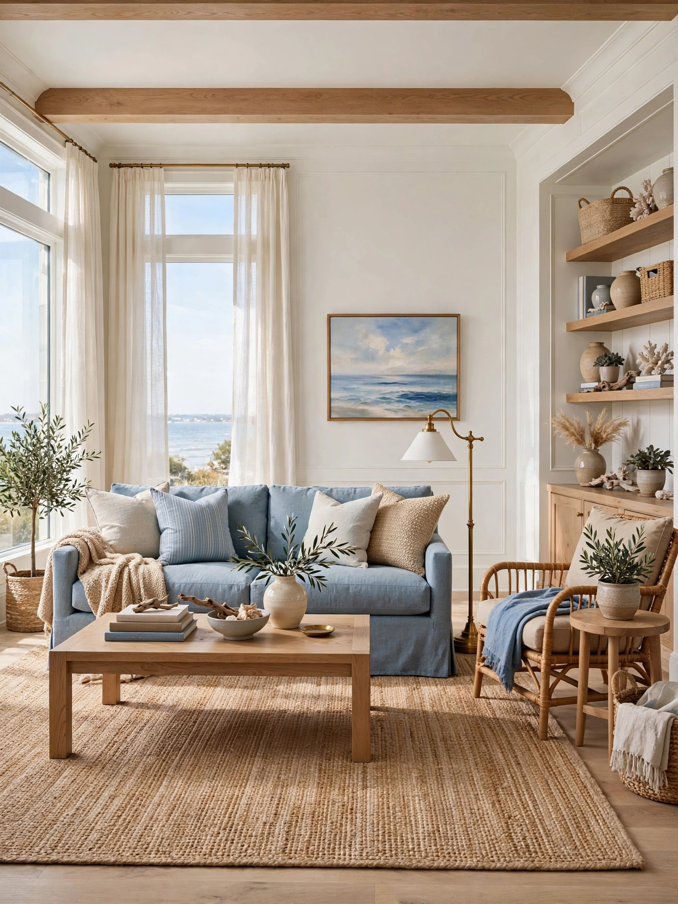 Gallery wall of ocean art above a console, curated cozy coastal living room ideas