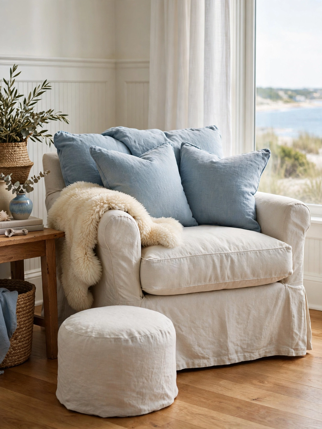 Deep overstuffed armchair with sheepskin throw, sink-in cozy coastal living room ideas