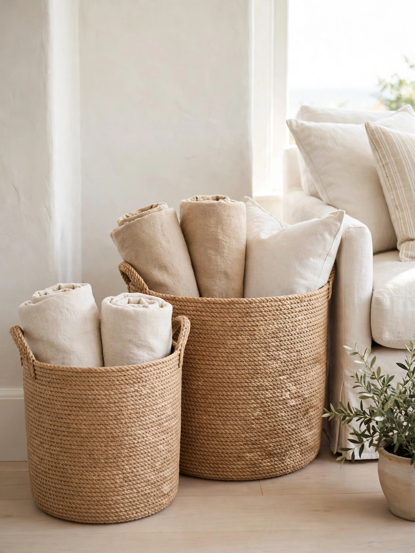 Woven rope baskets holding rolled throws, tidy cozy coastal living room ideas