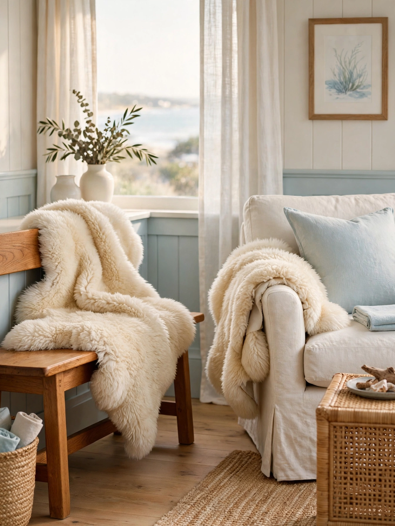 Cream sheepskin draped over bench and chair, soft cozy coastal living room ideas