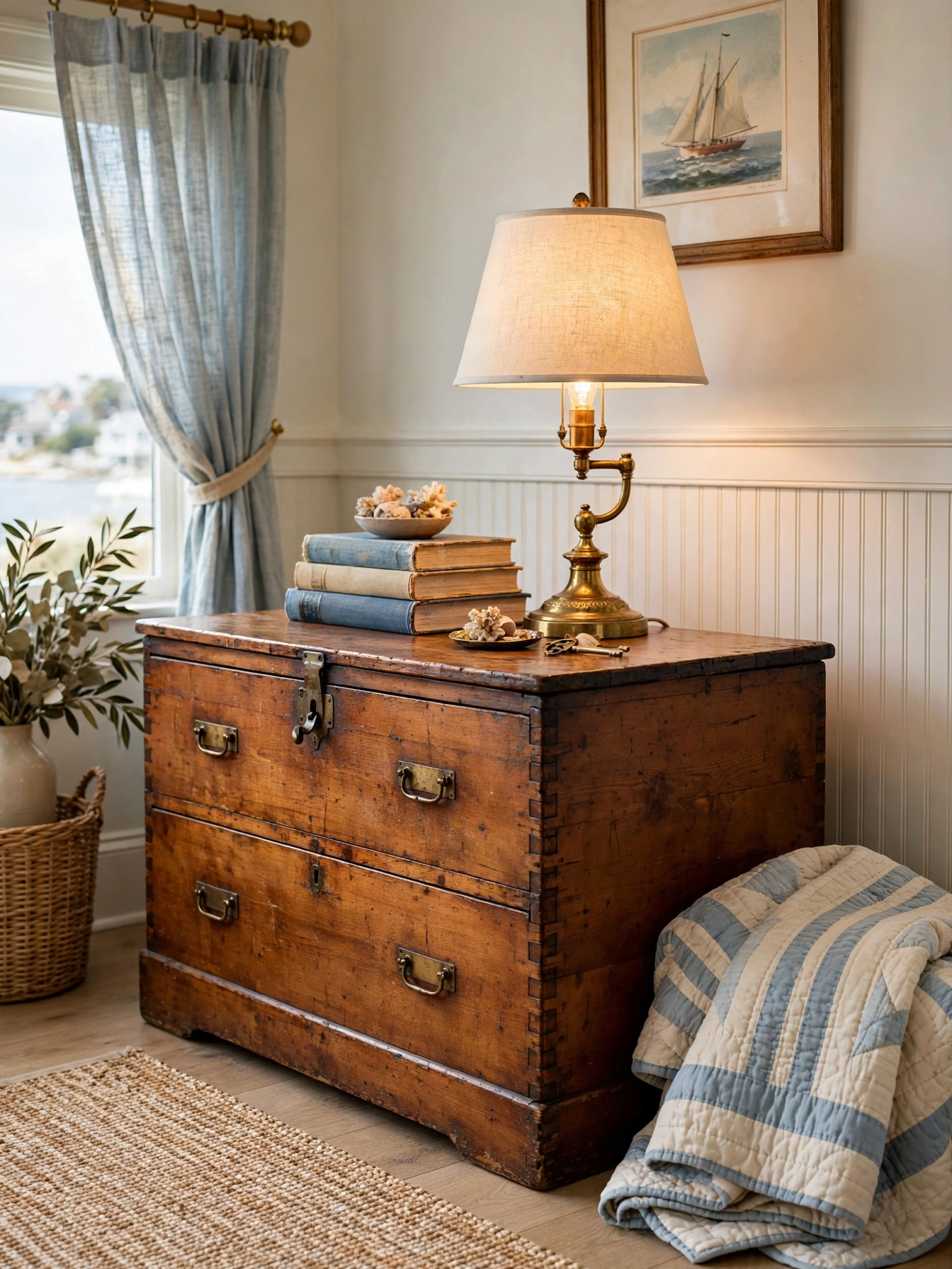 Rattan lamps glowing amber at dusk, dreamy cozy coastal living room ideas