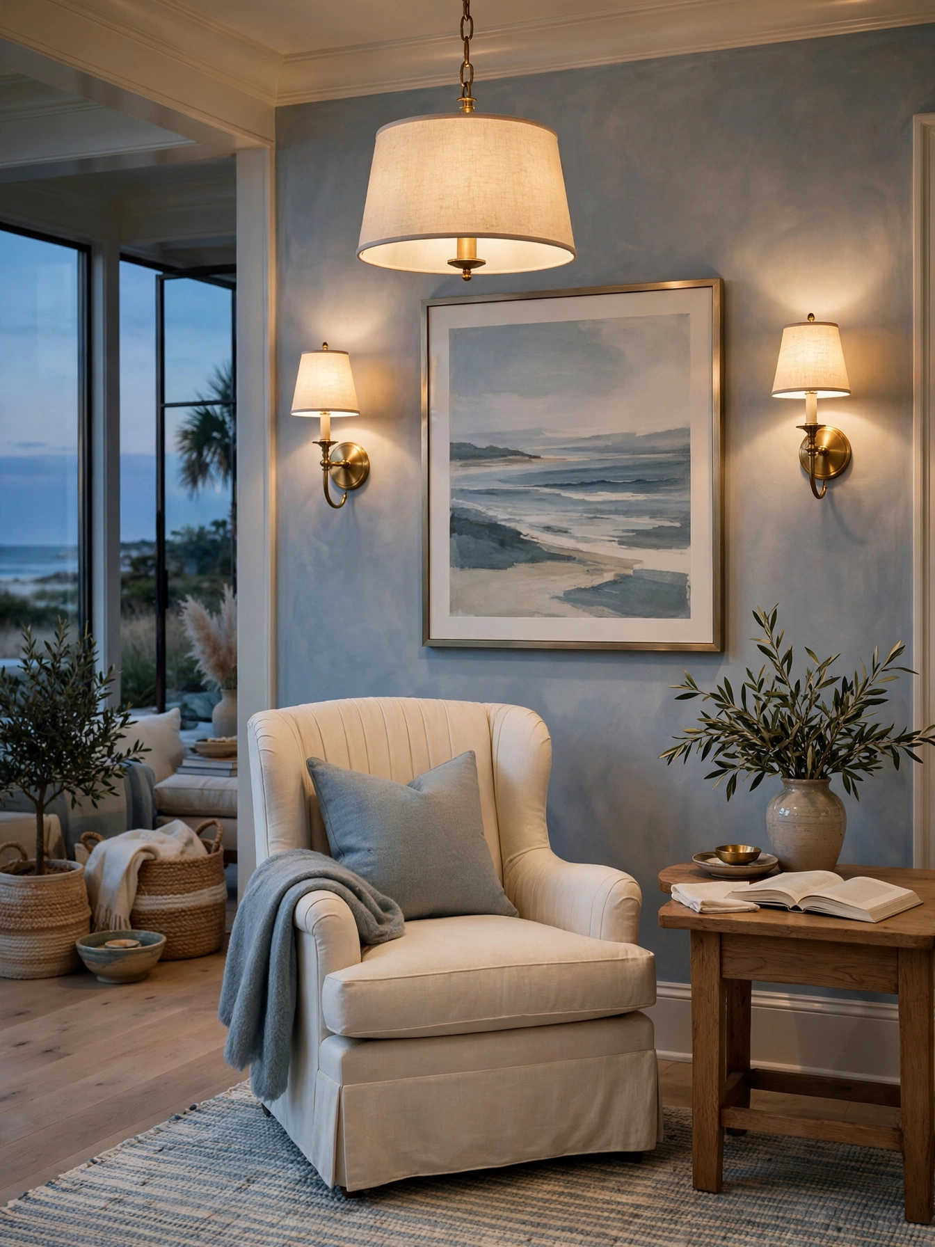 Brass sconces and pendant glowing at dusk, golden cozy coastal living room ideas
