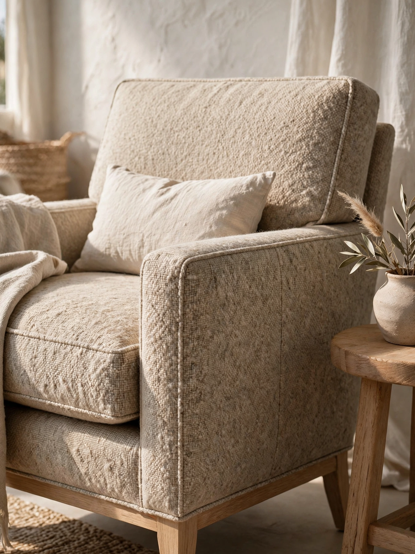 Full room in warm white, soft blue, sand and brass, harmonious cozy coastal living room ideas