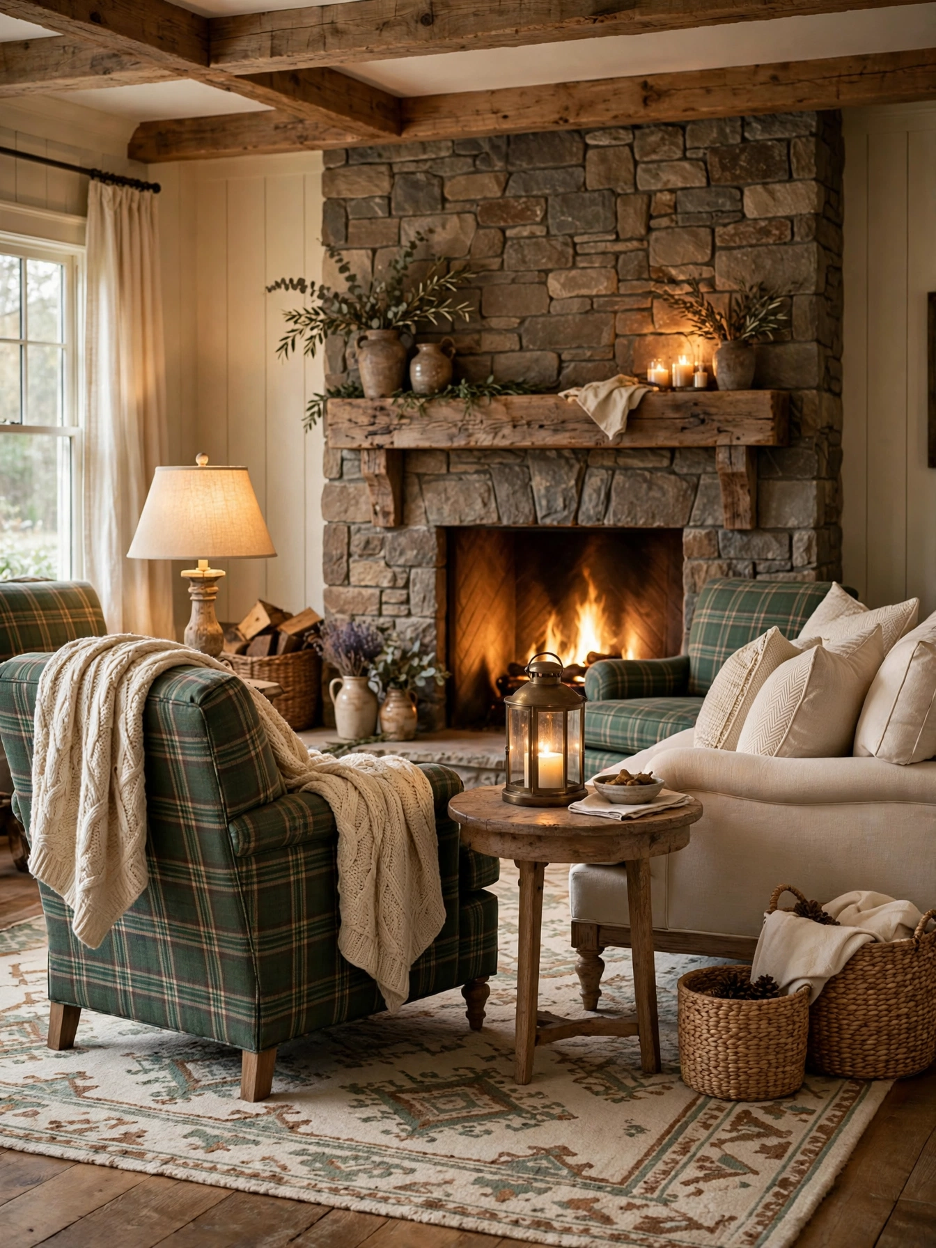 Rustic console with sliding barn doors behind a sofa, storage-focused cozy farmhouse living room ideas