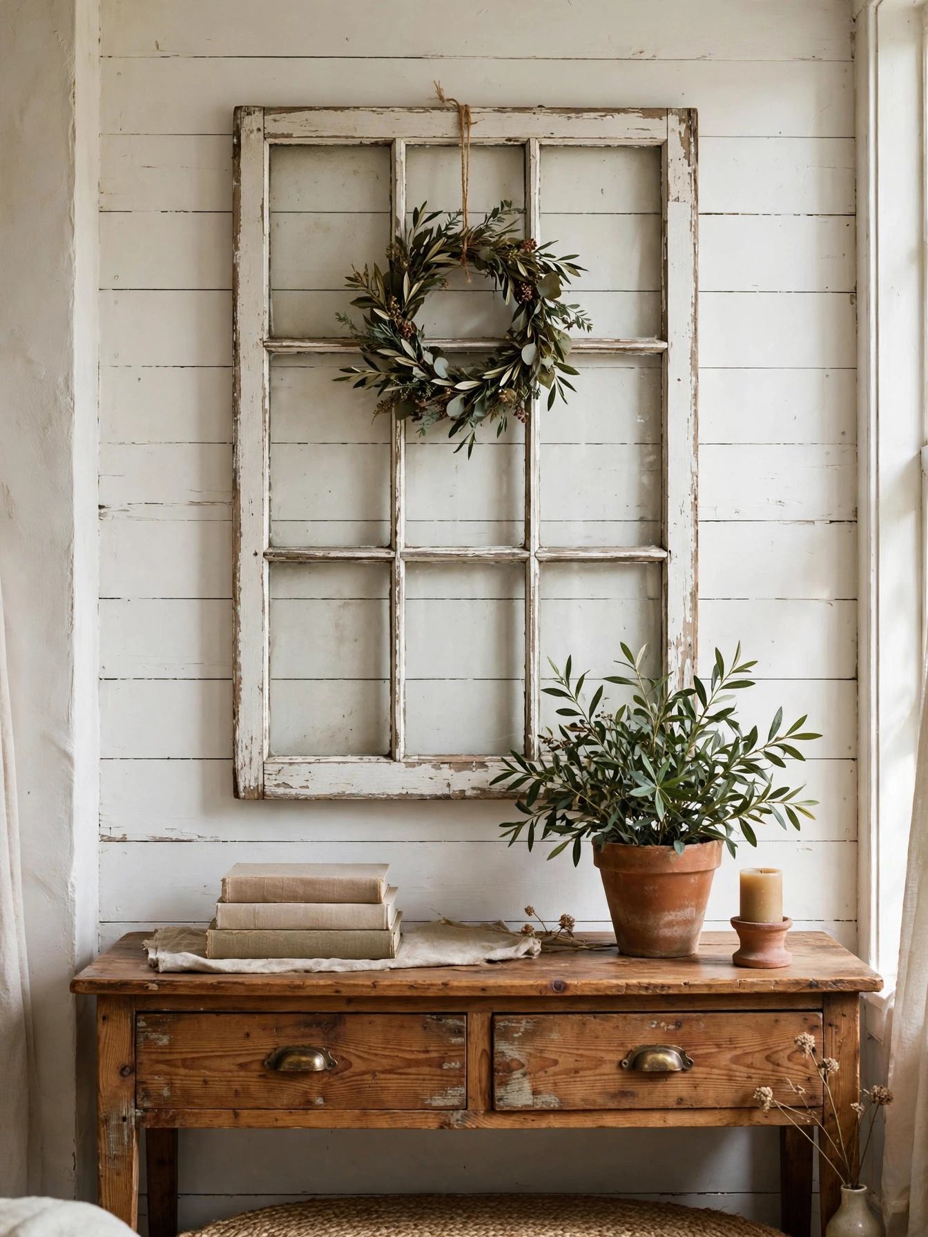 Dried cotton stems in a ceramic pitcher, the signature cozy farmhouse living room ideas botanical