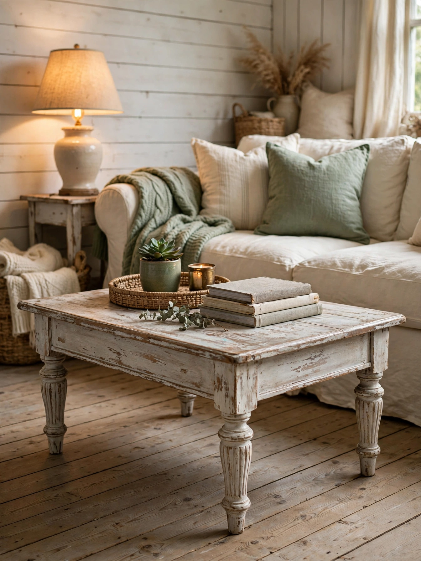Distressed whitewashed coffee table with turned legs, a family-proof cozy farmhouse living room ideas centerpiece