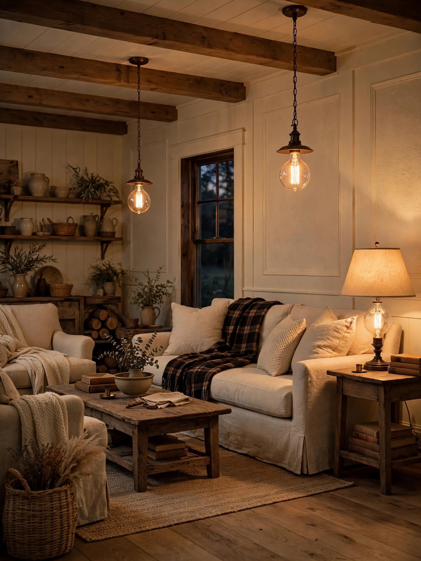 Edison bulb pendants glowing in an evening farmhouse room, warm cozy farmhouse living room ideas lighting