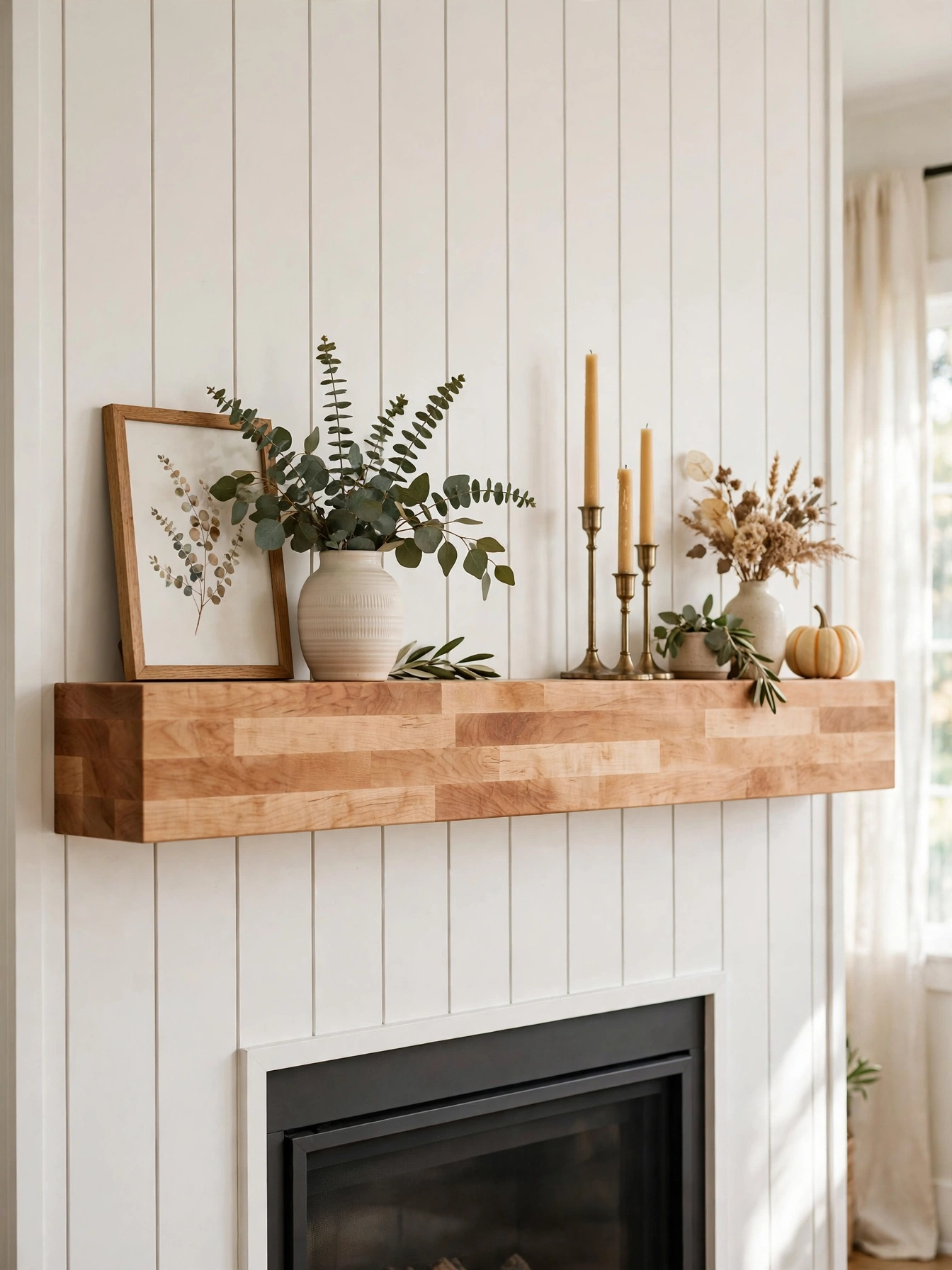 Wooden blanket ladder with folded quilts in a corner, vertical cozy farmhouse living room ideas display