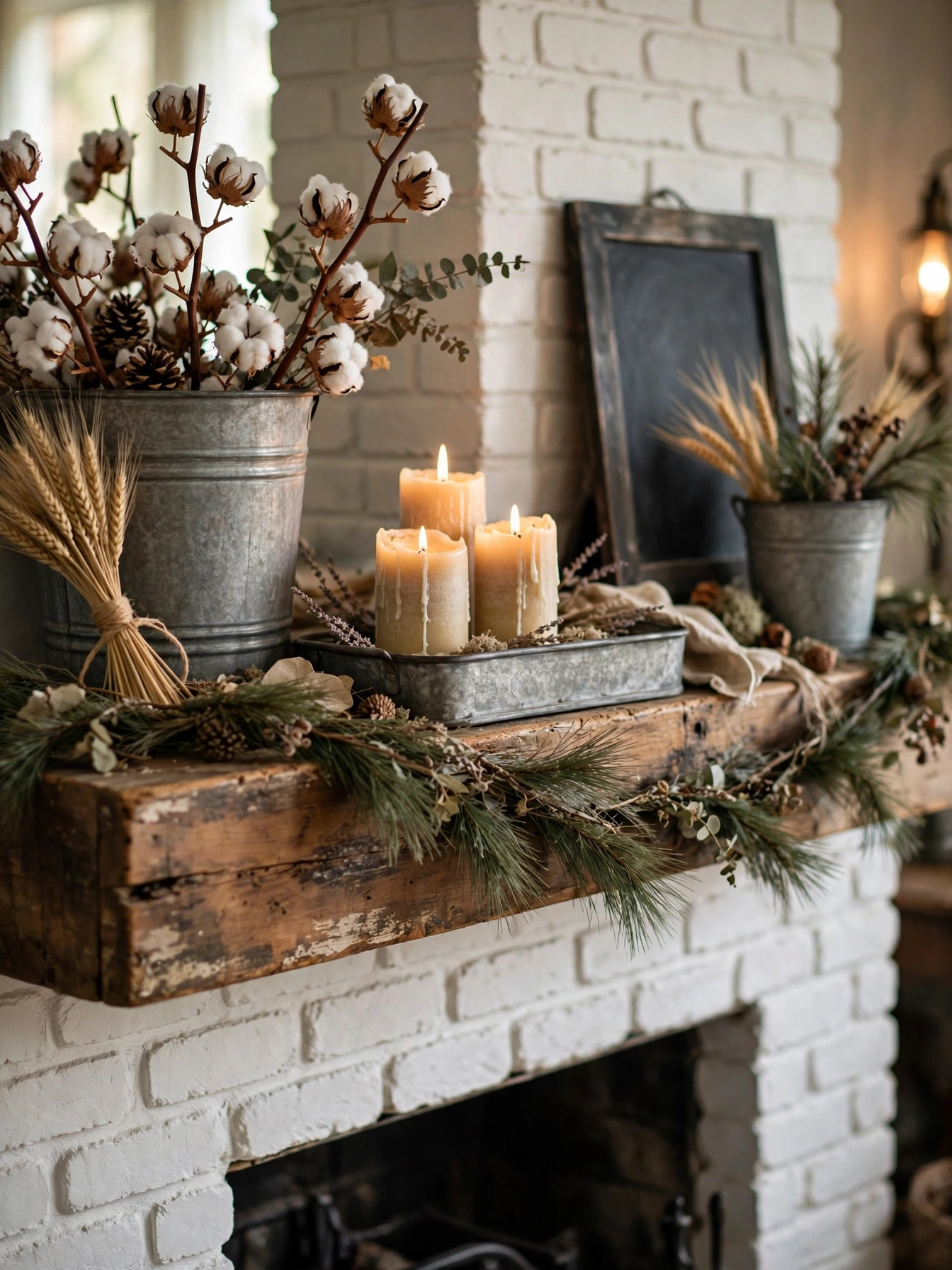 Galvanized metal buckets styled on a wood mantel, budget-friendly cozy farmhouse living room ideas accents