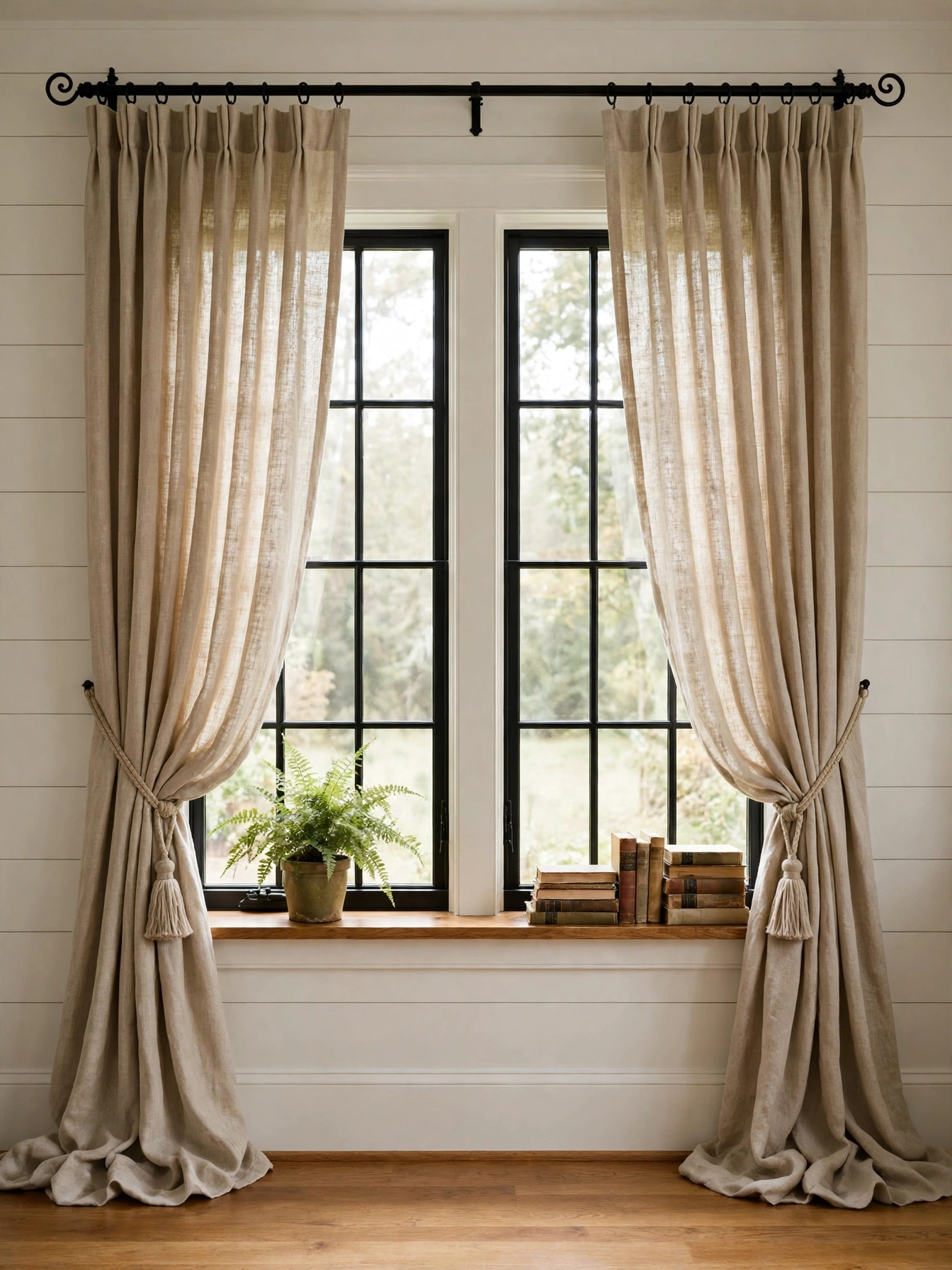 Gathered natural linen curtains on a black iron rod, airy cozy farmhouse living room ideas for soft light