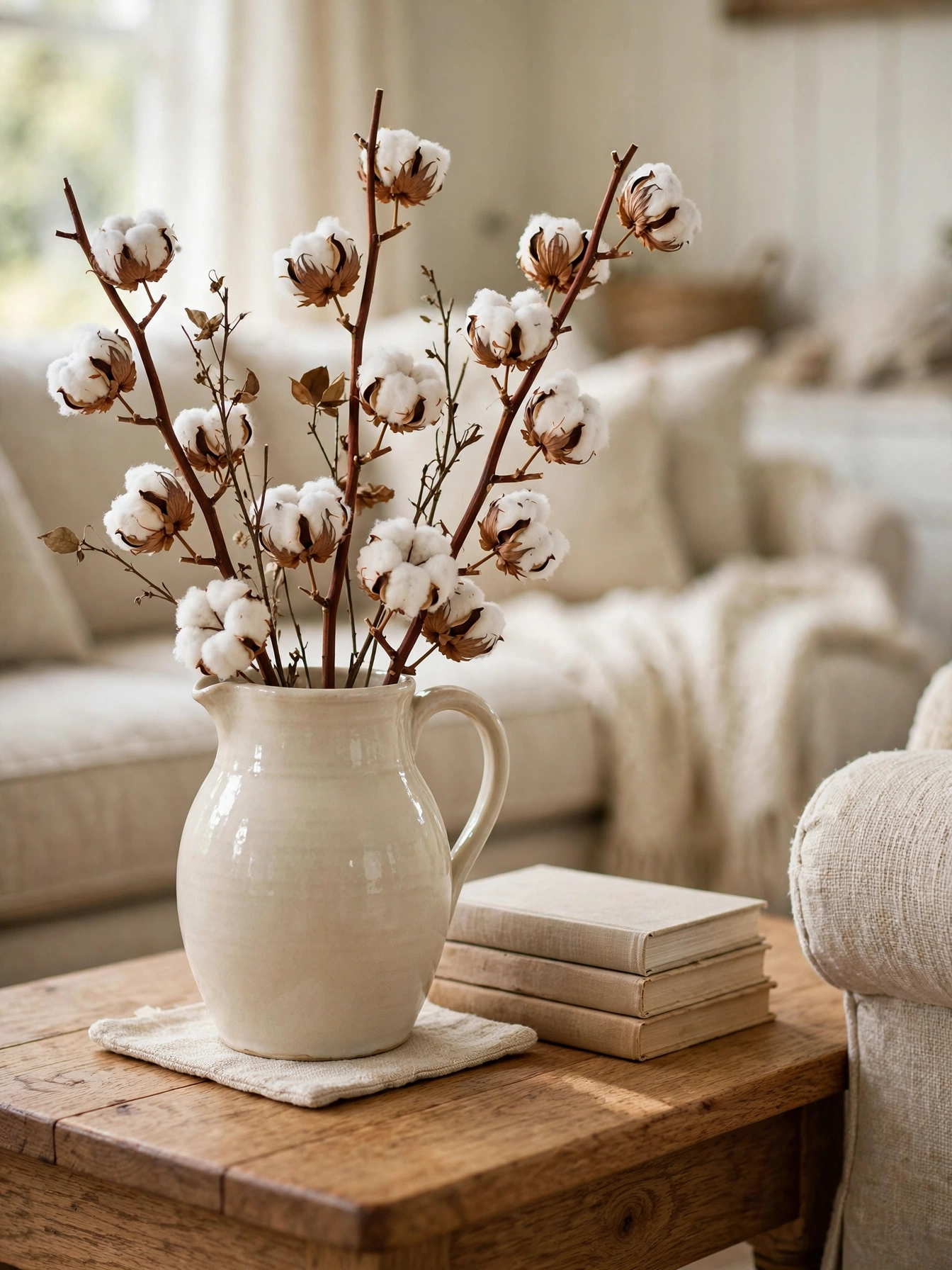 Woven seagrass baskets holding rolled throw blankets, tidy cozy farmhouse living room ideas storage