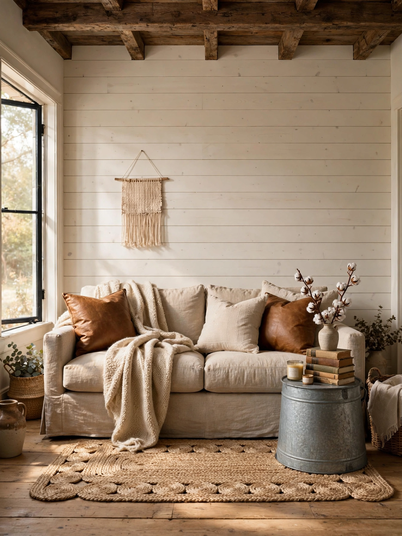 Red plaid wool throws layered on a farmhouse sofa, a simple cozy farmhouse living room ideas textile update