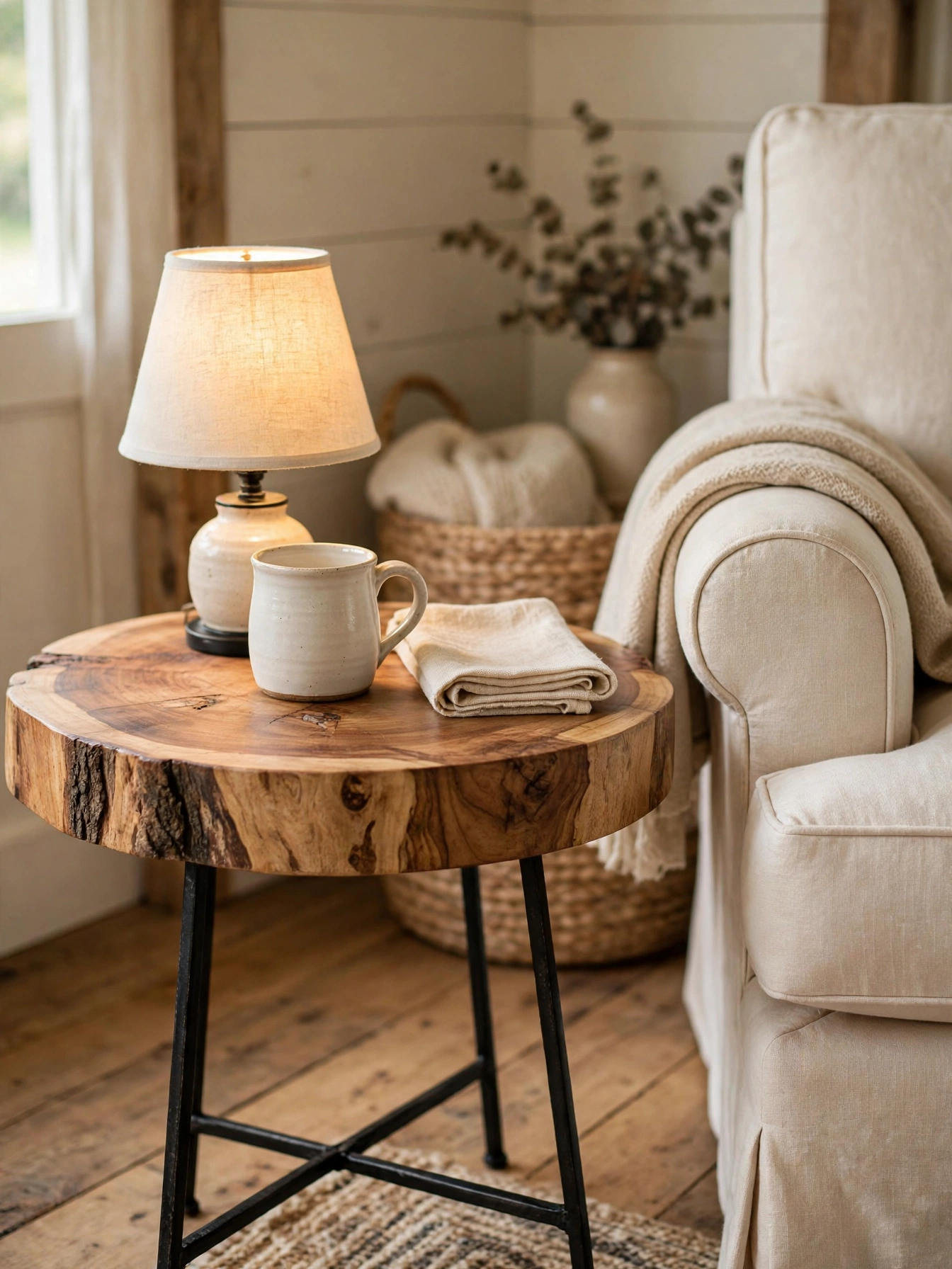 Plush cream shag rug layered over natural sisal, soft cozy farmhouse living room ideas underfoot