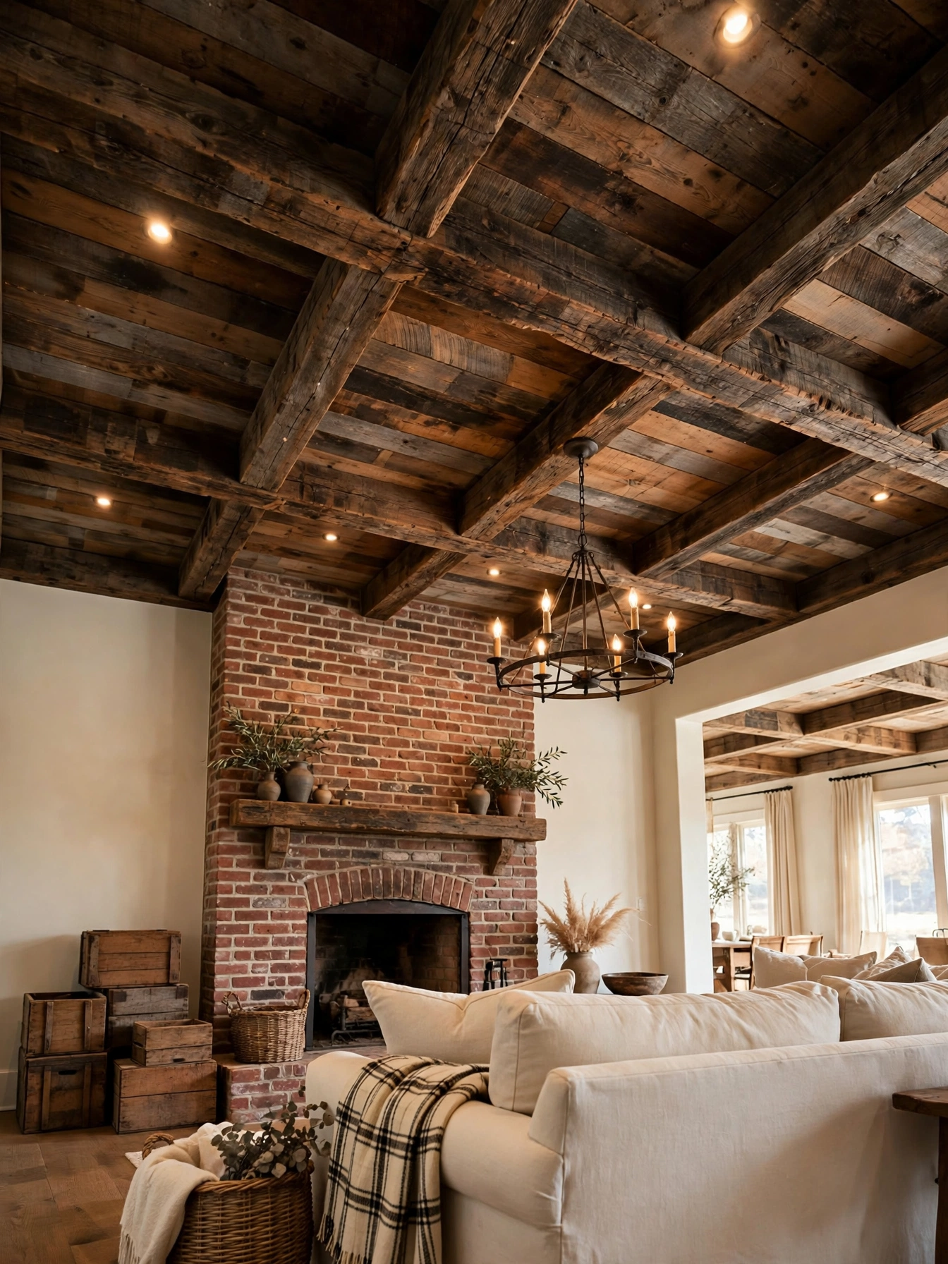 White shiplap accent wall behind a beige linen sofa, one of the warmest cozy farmhouse living room ideas for adding texture