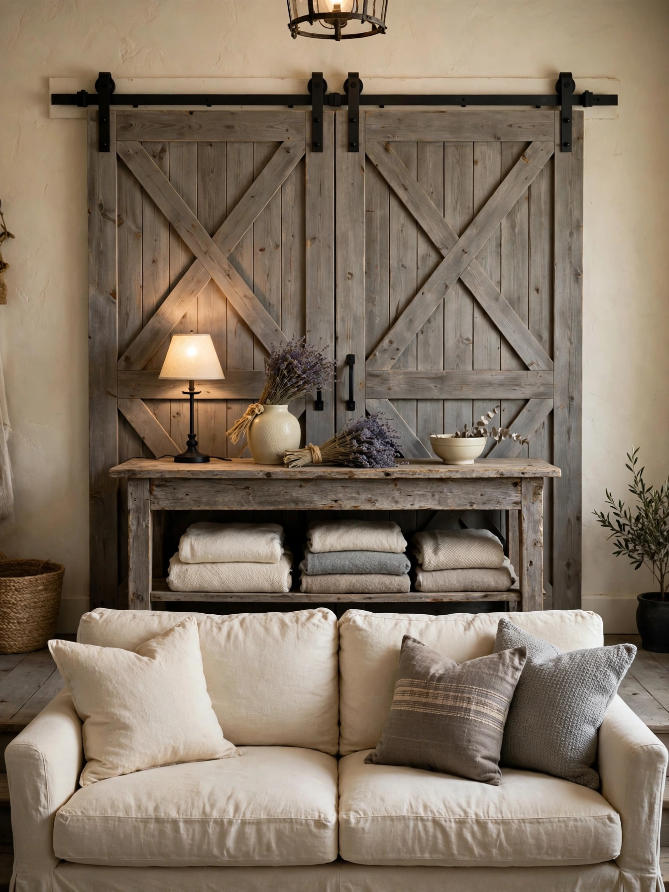 White slipcovered sofa with washable linen cover, practical cozy farmhouse living room ideas for busy homes