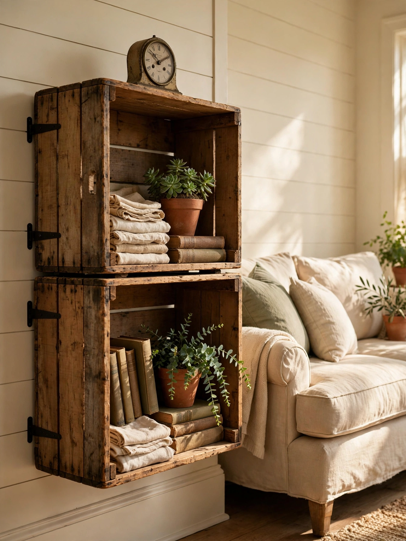 Stacked vintage wooden crates as open shelving, charming cozy farmhouse living room ideas storage