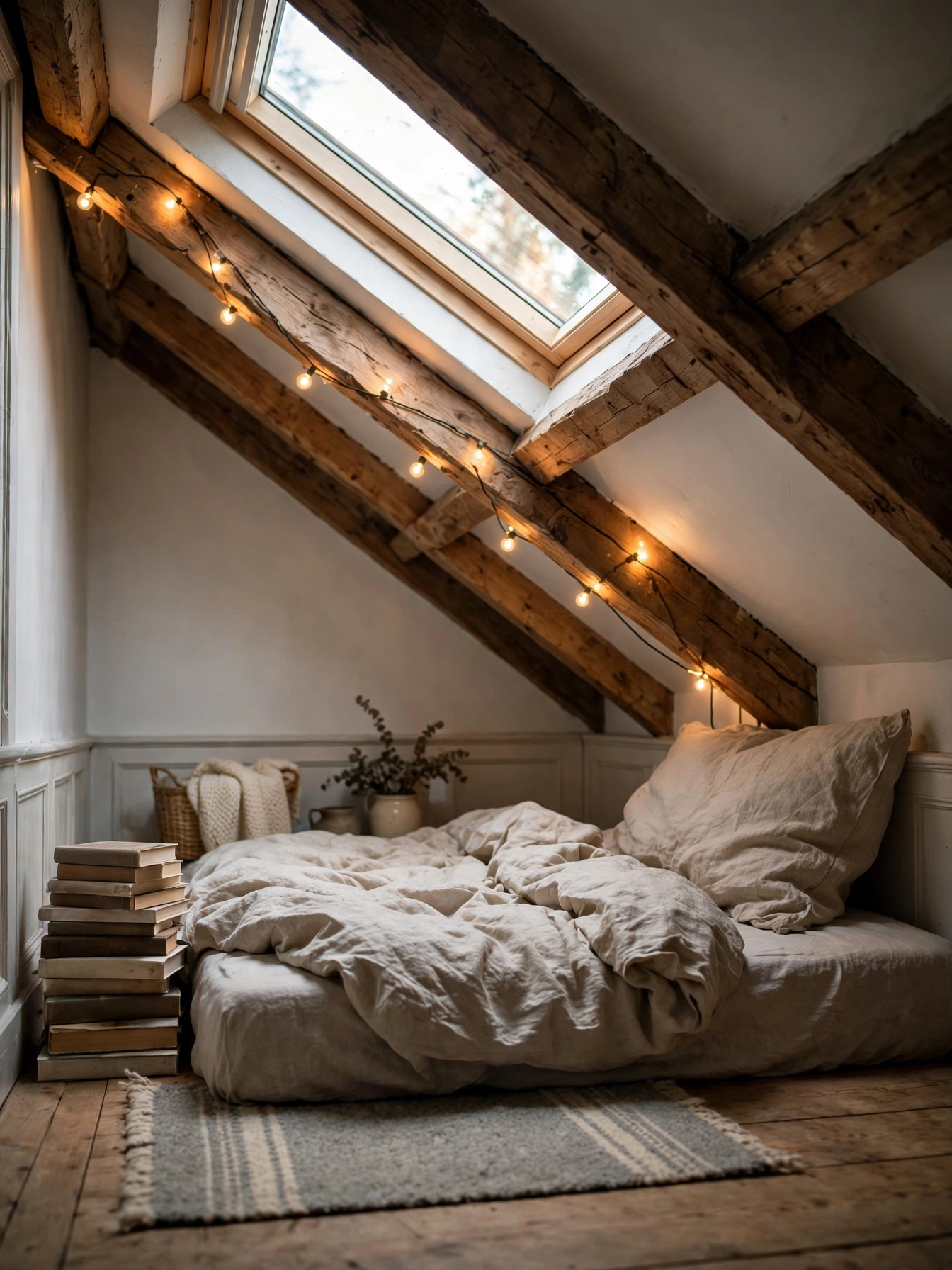 Low mattress tucked under a sloped attic eave with a skylight, a secret cozy reading nooks hideaway