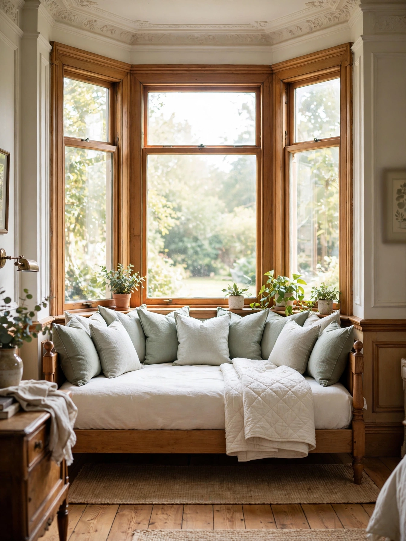Twin daybed with pillows filling a bright bay window, a sunlit cozy reading nooks retreat