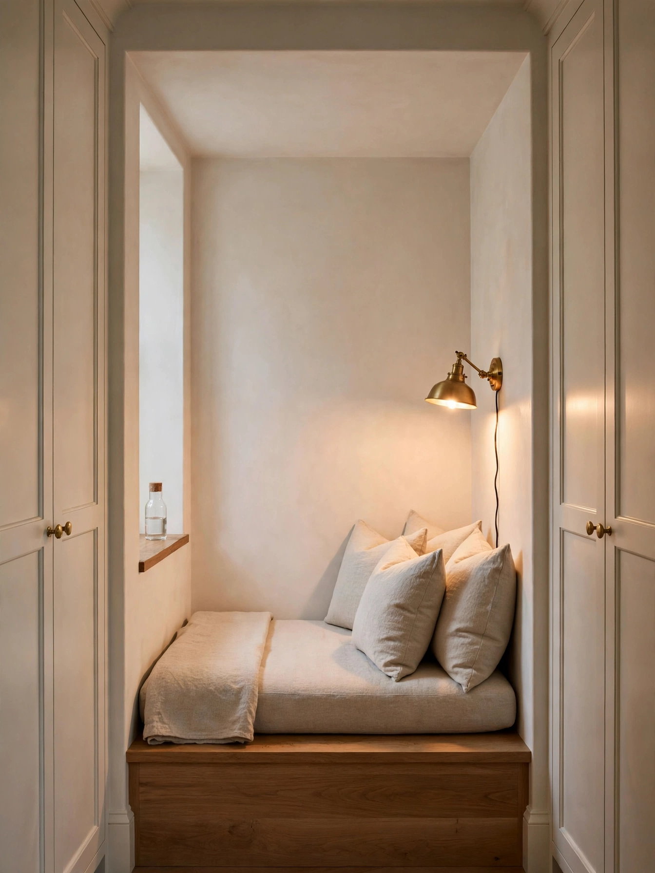 Cushioned platform set into a deep bedroom wall recess, a sheltered cozy reading nooks alcove
