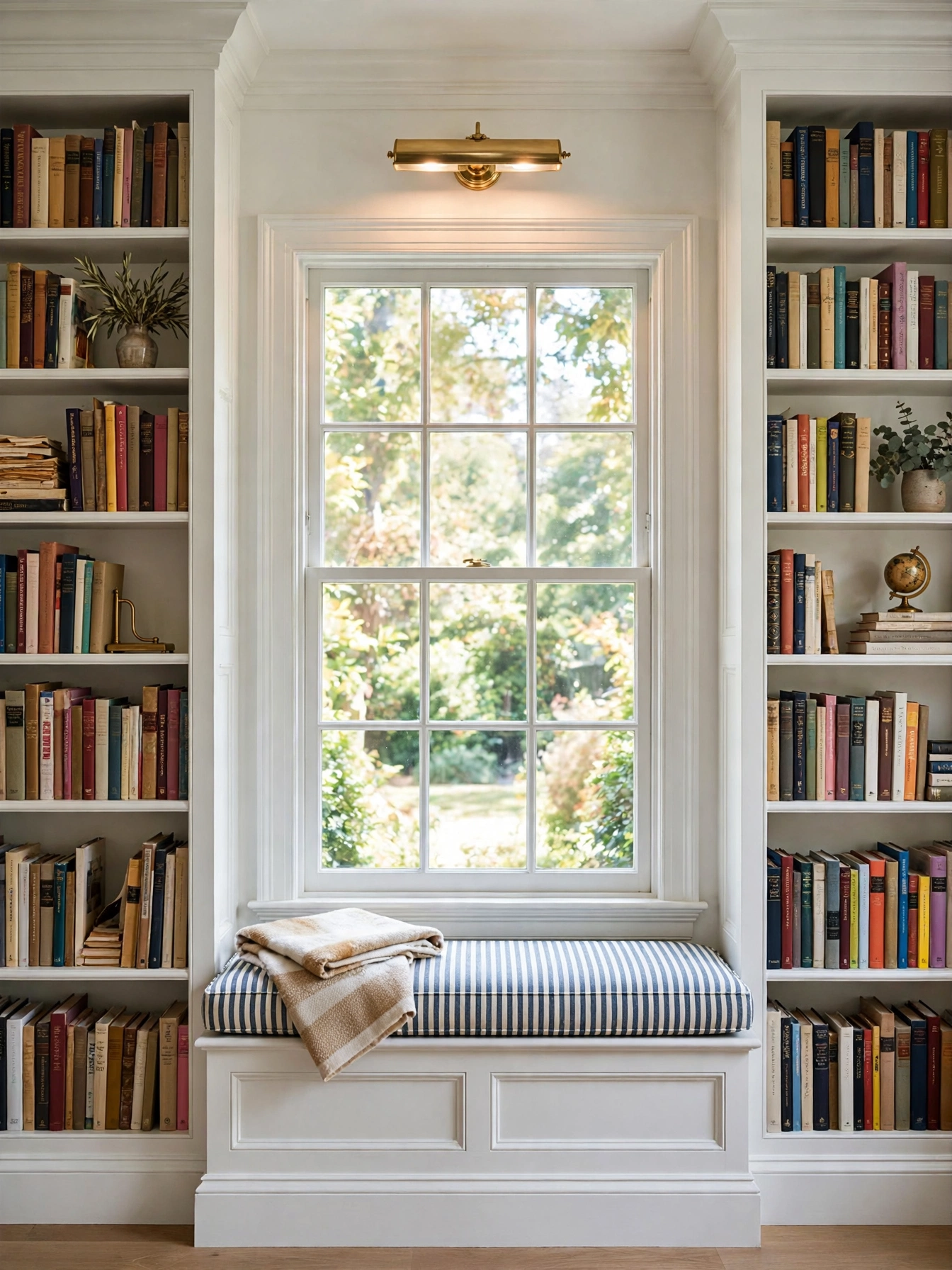 Window bench flanked by tall bookshelves full of books, a dreamy cozy reading nooks wall