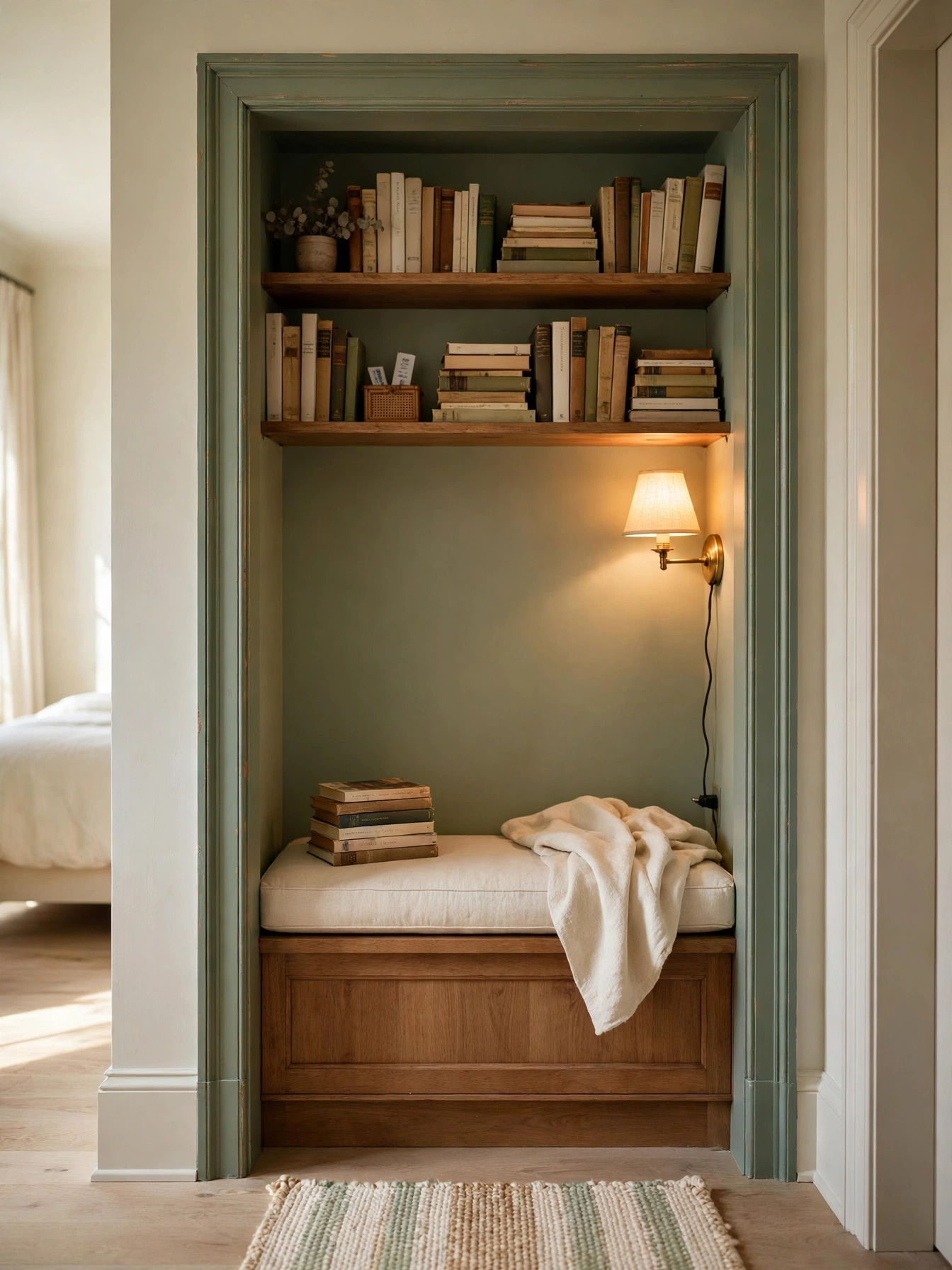 Reach-in closet converted into a cushioned reading alcove, a smart cozy reading nooks conversion