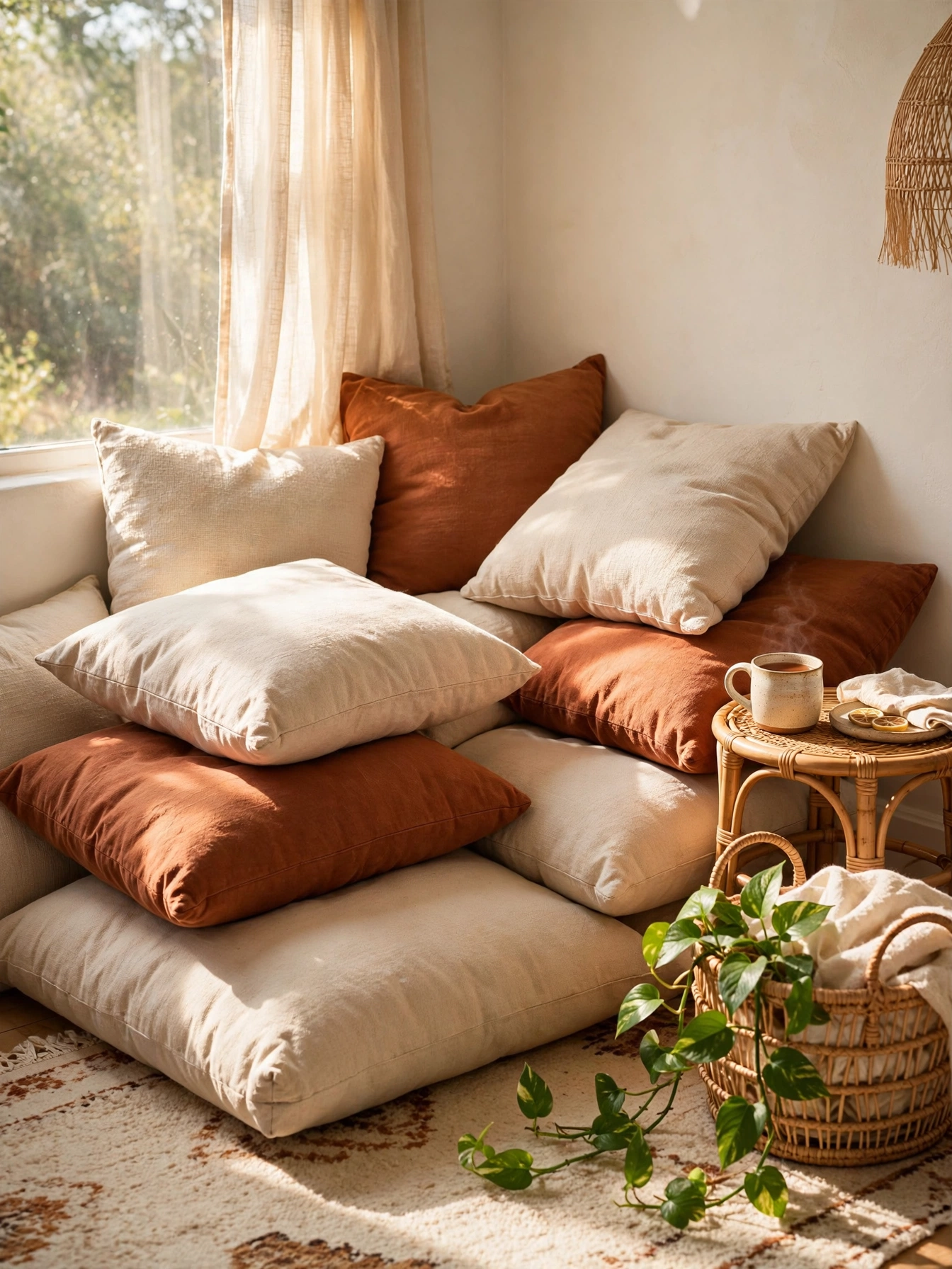 Nest of floor cushions piled in a sunny corner, a relaxed cozy reading nooks setup
