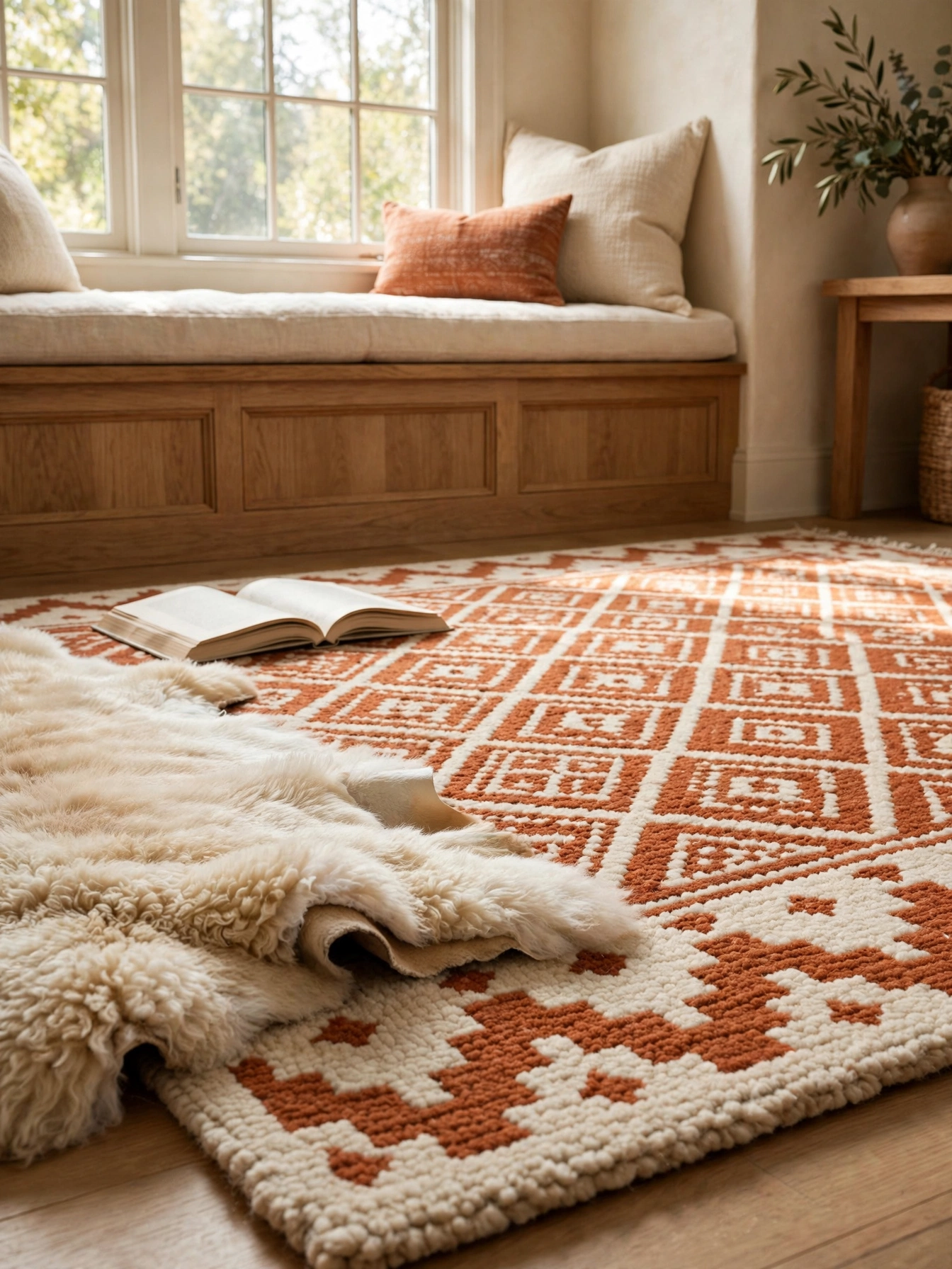 Thick patterned wool rug with a sheepskin layer defining a warm cozy reading nooks corner