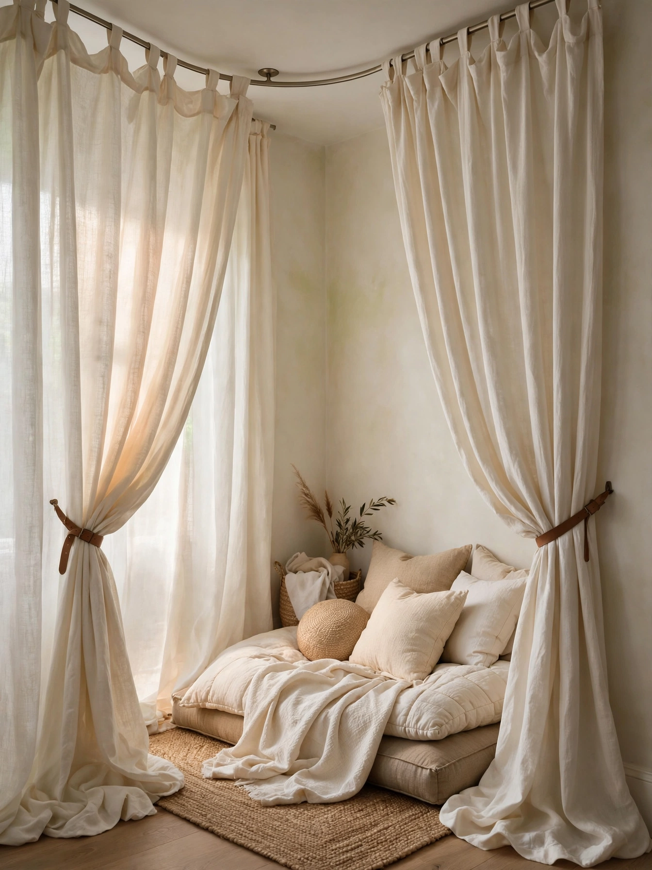 Linen curtains on a ceiling track enclosing a cushion nook, a dreamy cozy reading nooks hideaway