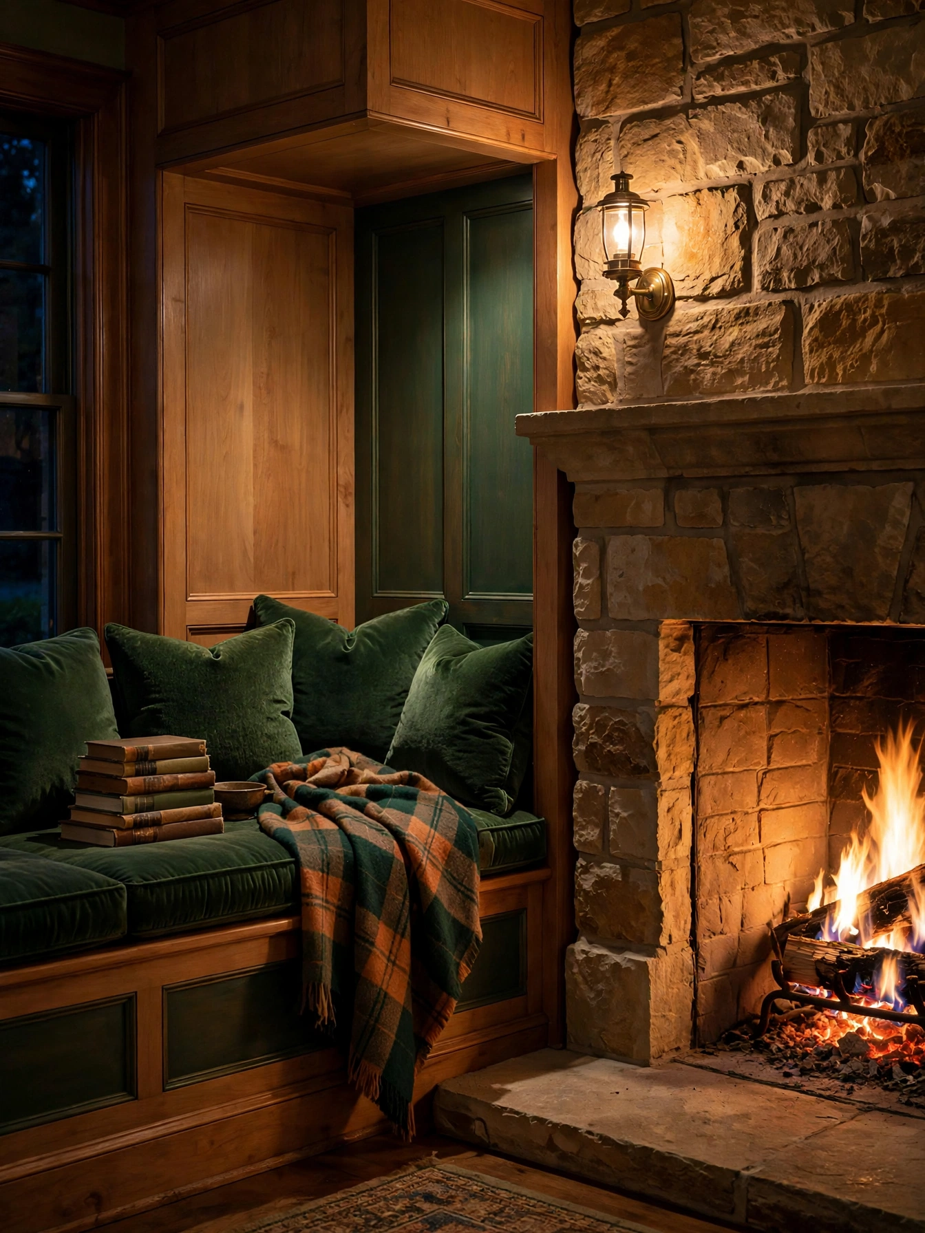 Built-in bench in a fireside alcove glowing with firelight, a toasty cozy reading nooks spot