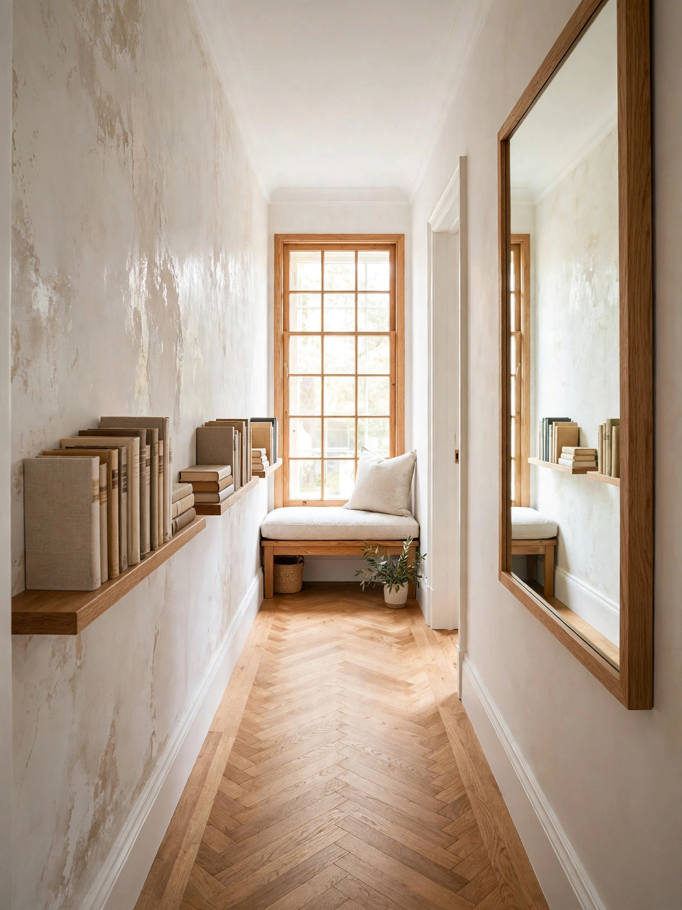 Upholstered bench capping a hallway end under a window, a clever cozy reading nooks reclaim