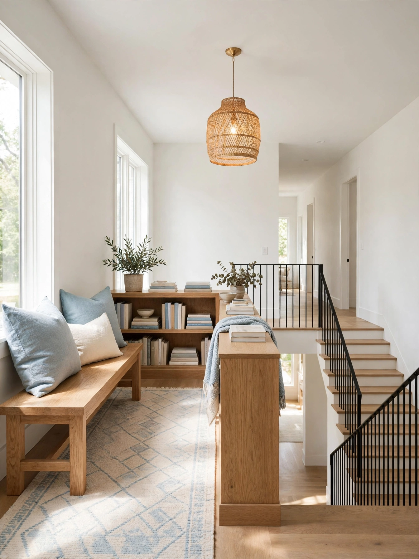 Oak bench with cushions on a bright upstairs landing, an airy cozy reading nooks perch