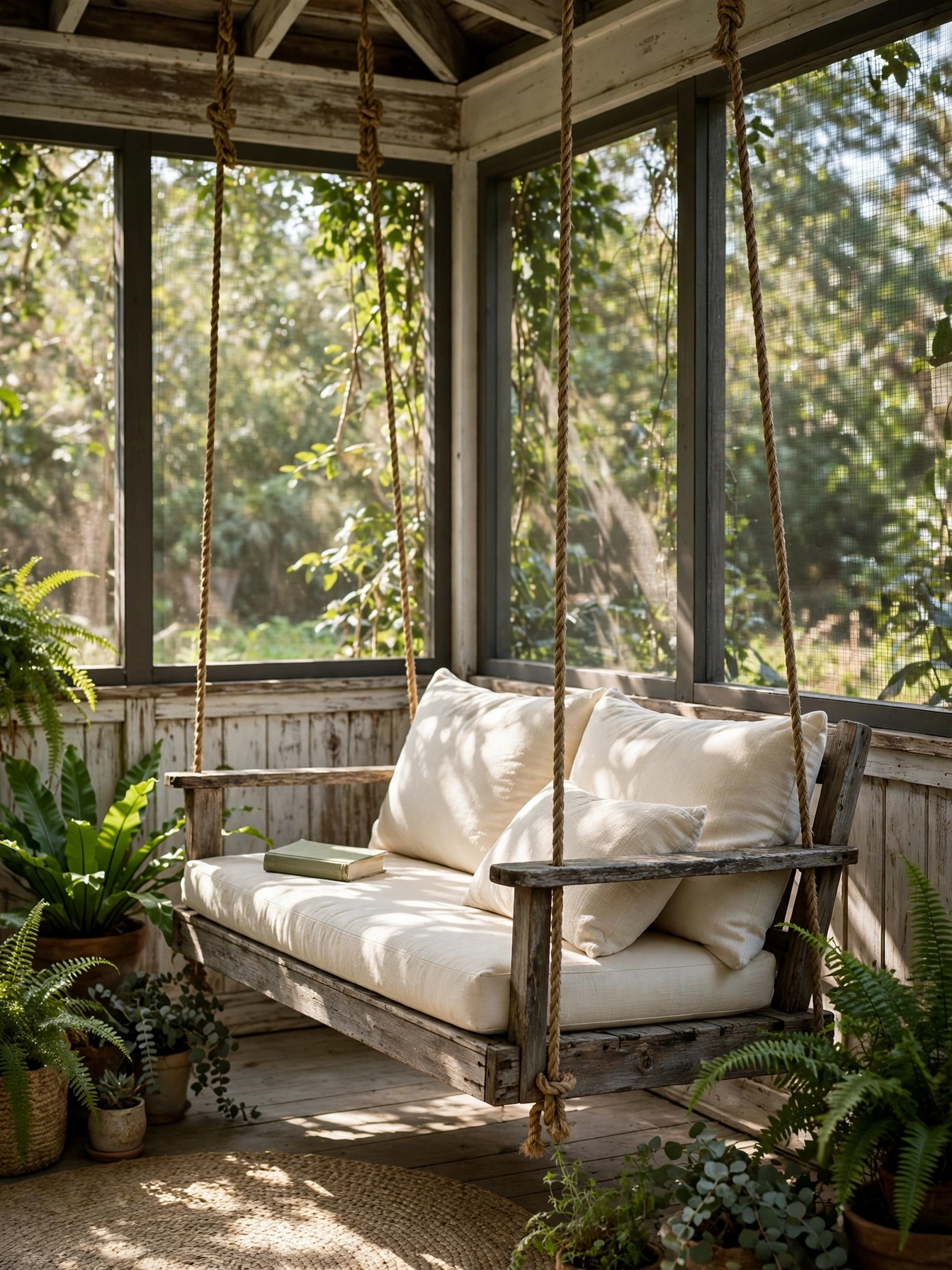Hanging swing bench with cushions on a covered porch, a breezy cozy reading nooks perch