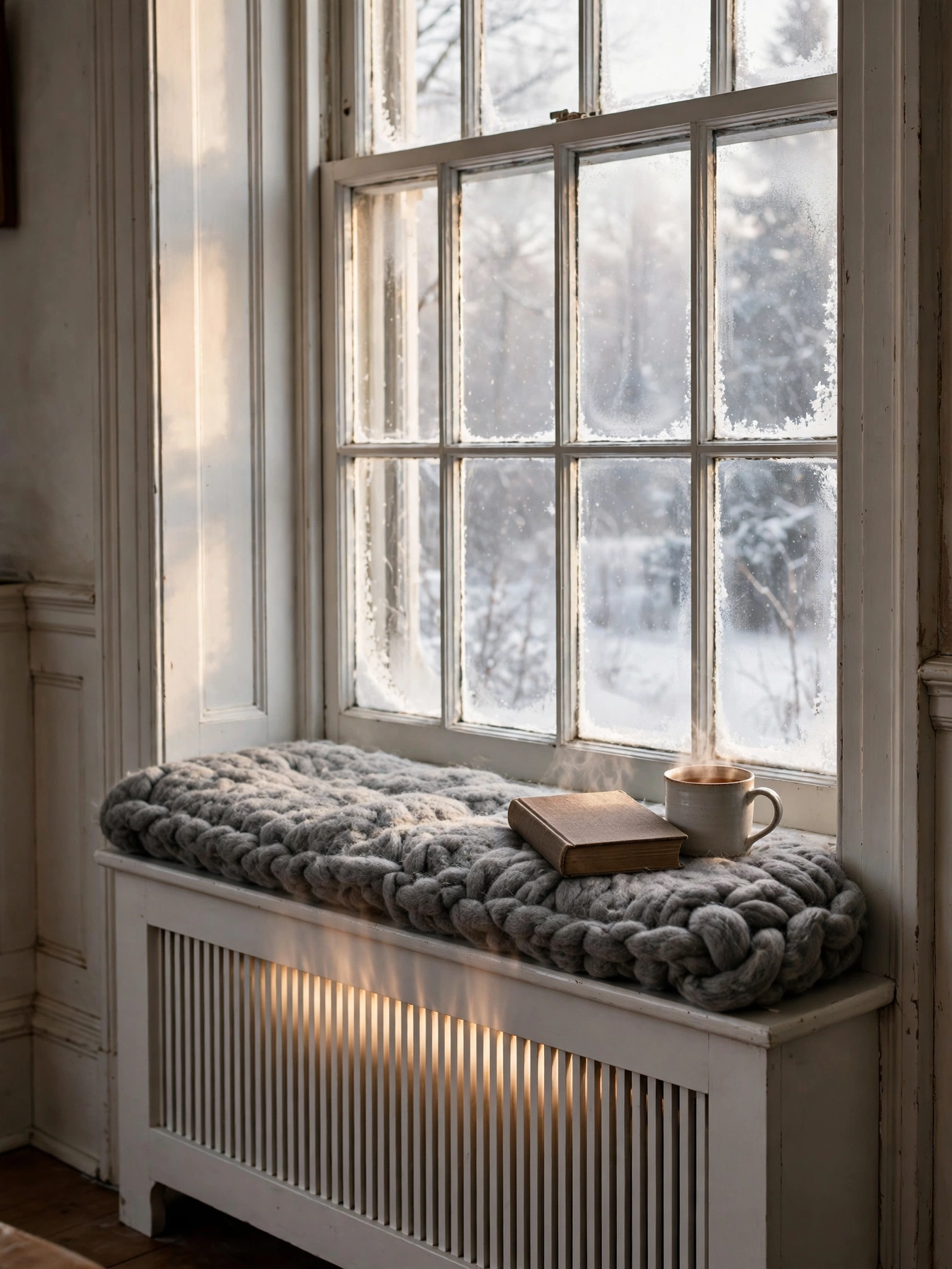Cushioned radiator cover bench under a tall window, the warmest of cozy reading nooks in winter