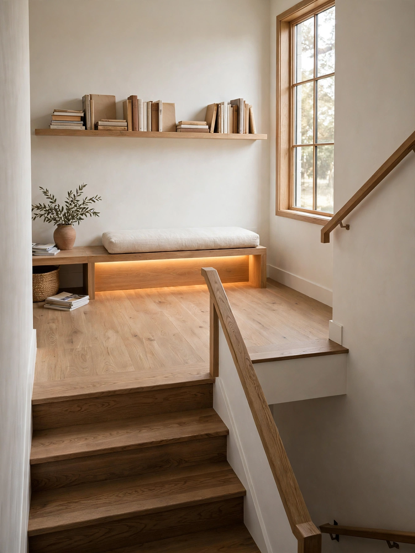 Oak bench on a wide stair landing with a book shelf above, a practical cozy reading nooks perch