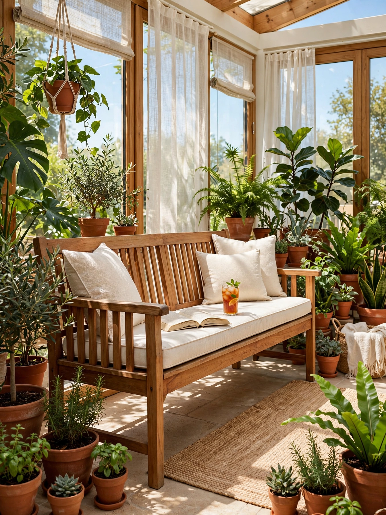 Teak bench with sun-proof cushions in a plant-filled sunroom, a bright cozy reading nooks escape
