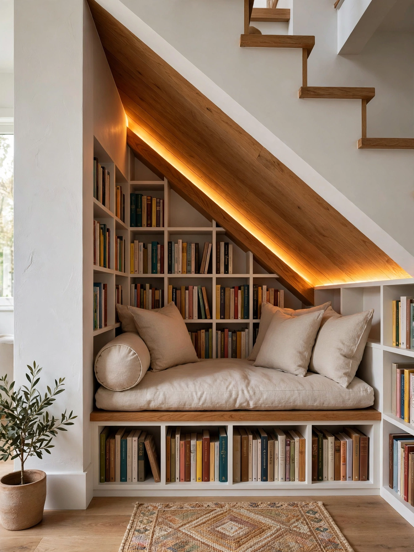 Built-in bench tucked under a staircase with book cubbies, a hidden cozy reading nooks gem