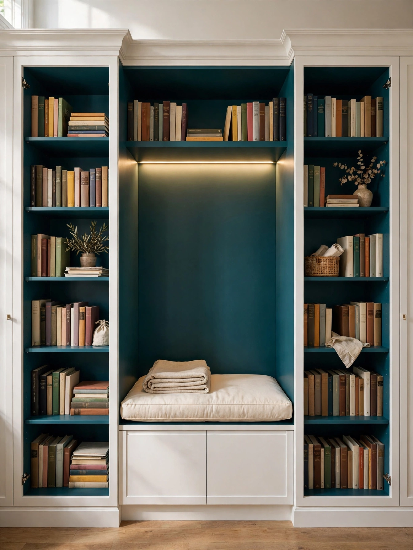 Wardrobe frames flanking a cushioned seat with teal interiors, a clever cozy reading nooks build