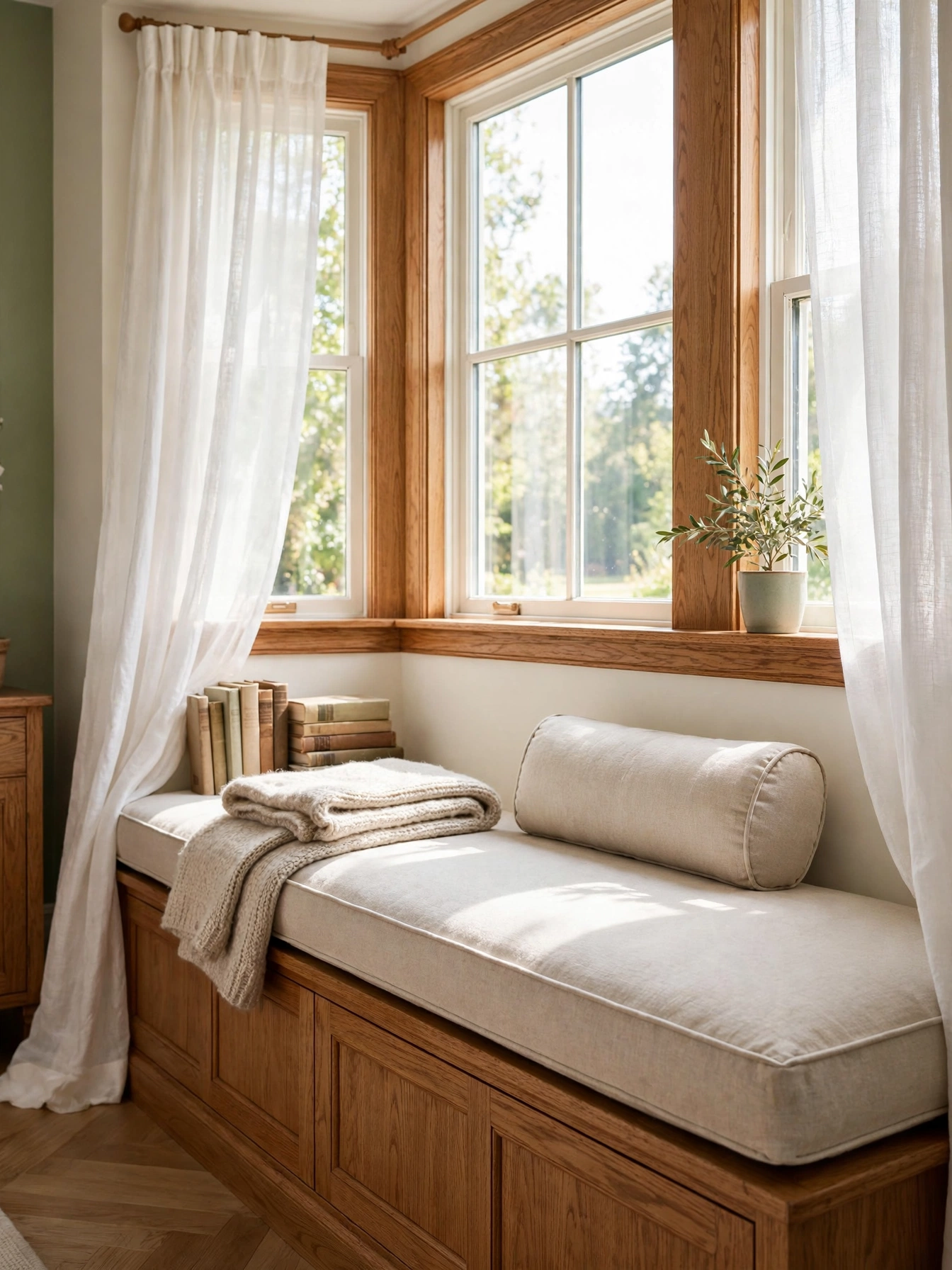Deep window seat with a thick linen cushion and bolster, a classic cozy reading nooks idea