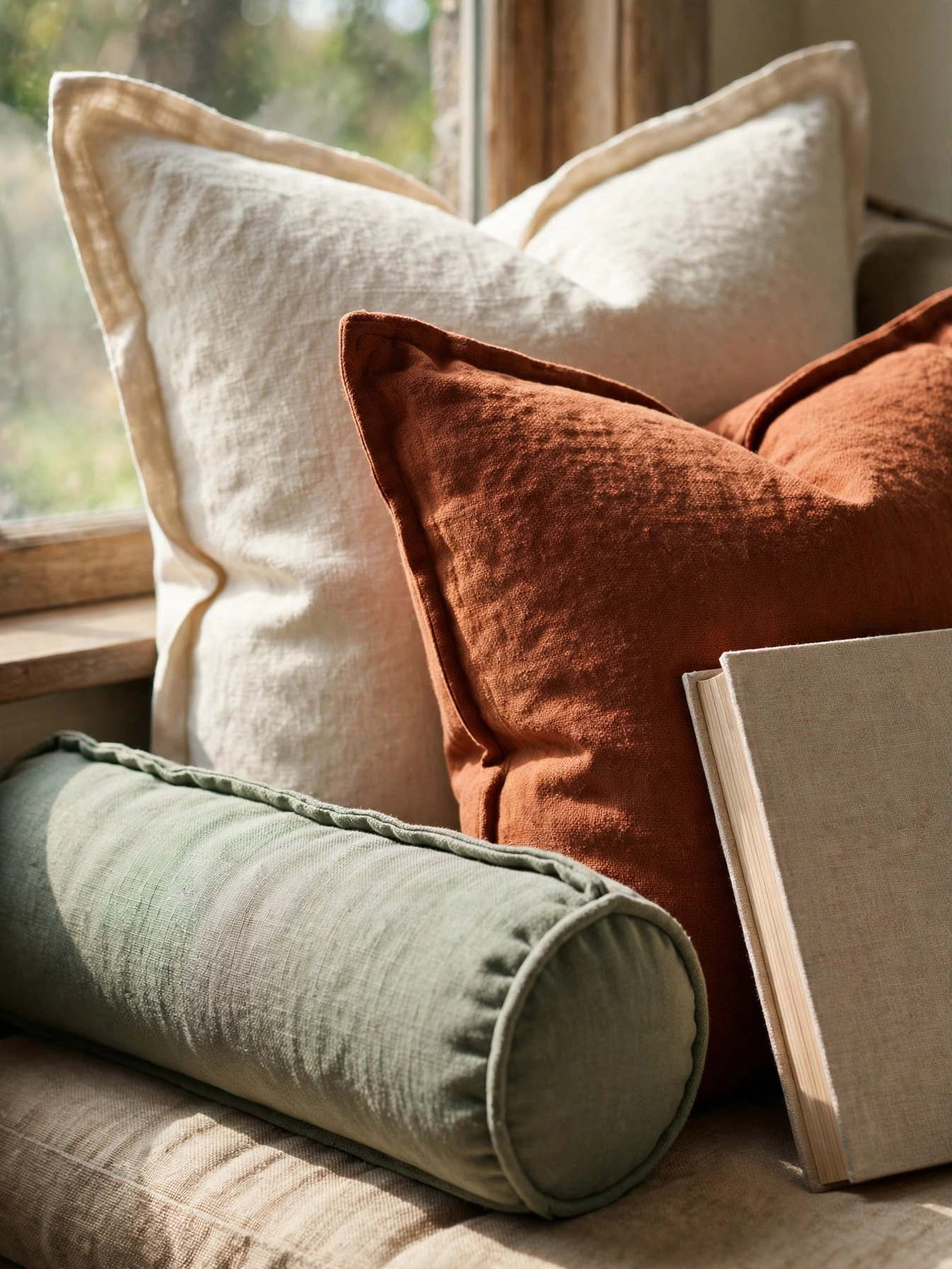 Layered pillow stack in cream, rust, and sage styling a seat for cozy reading nooks