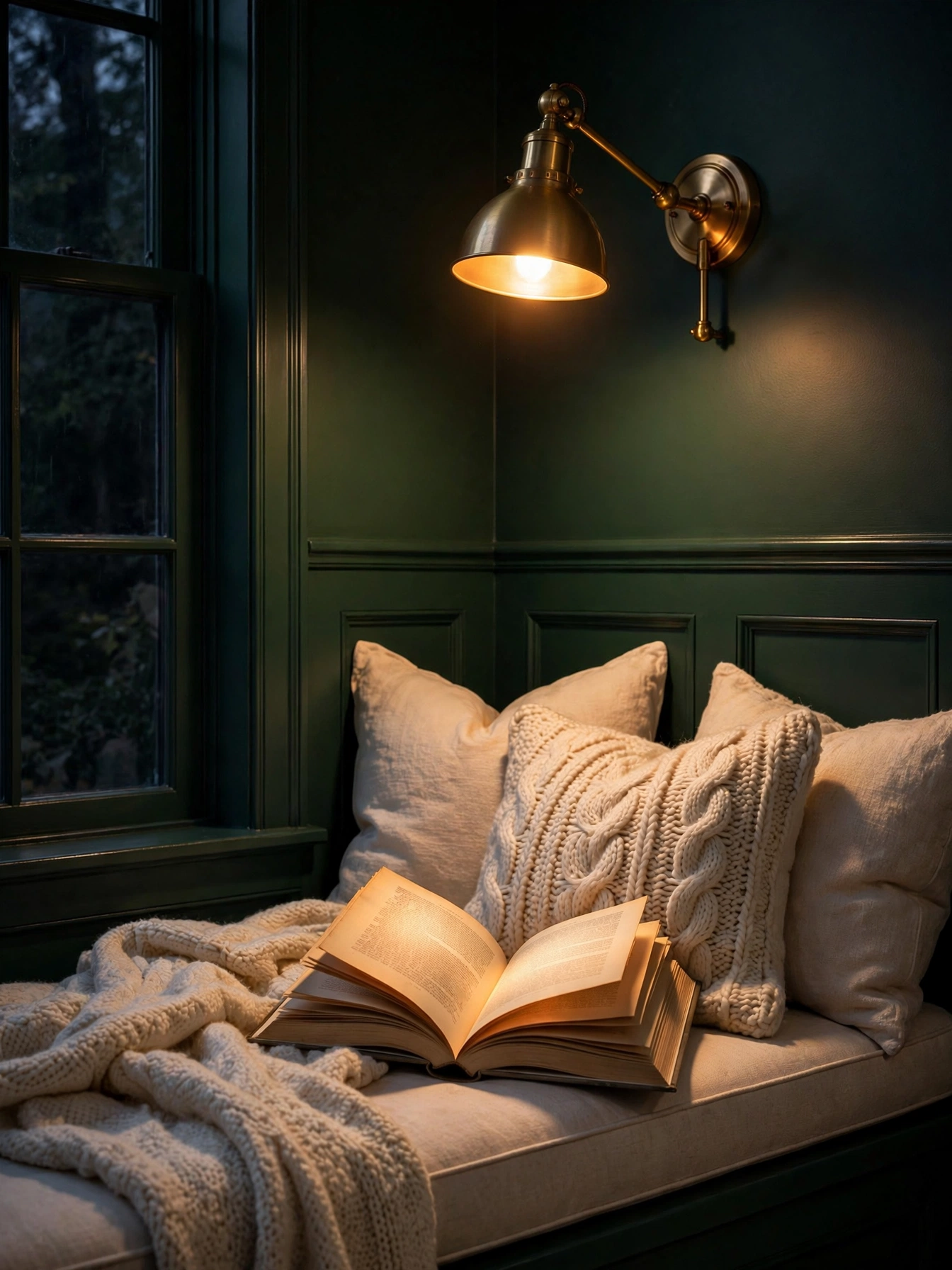 Brass wall sconce casting warm light over a pillow-piled seat in these cozy reading nooks