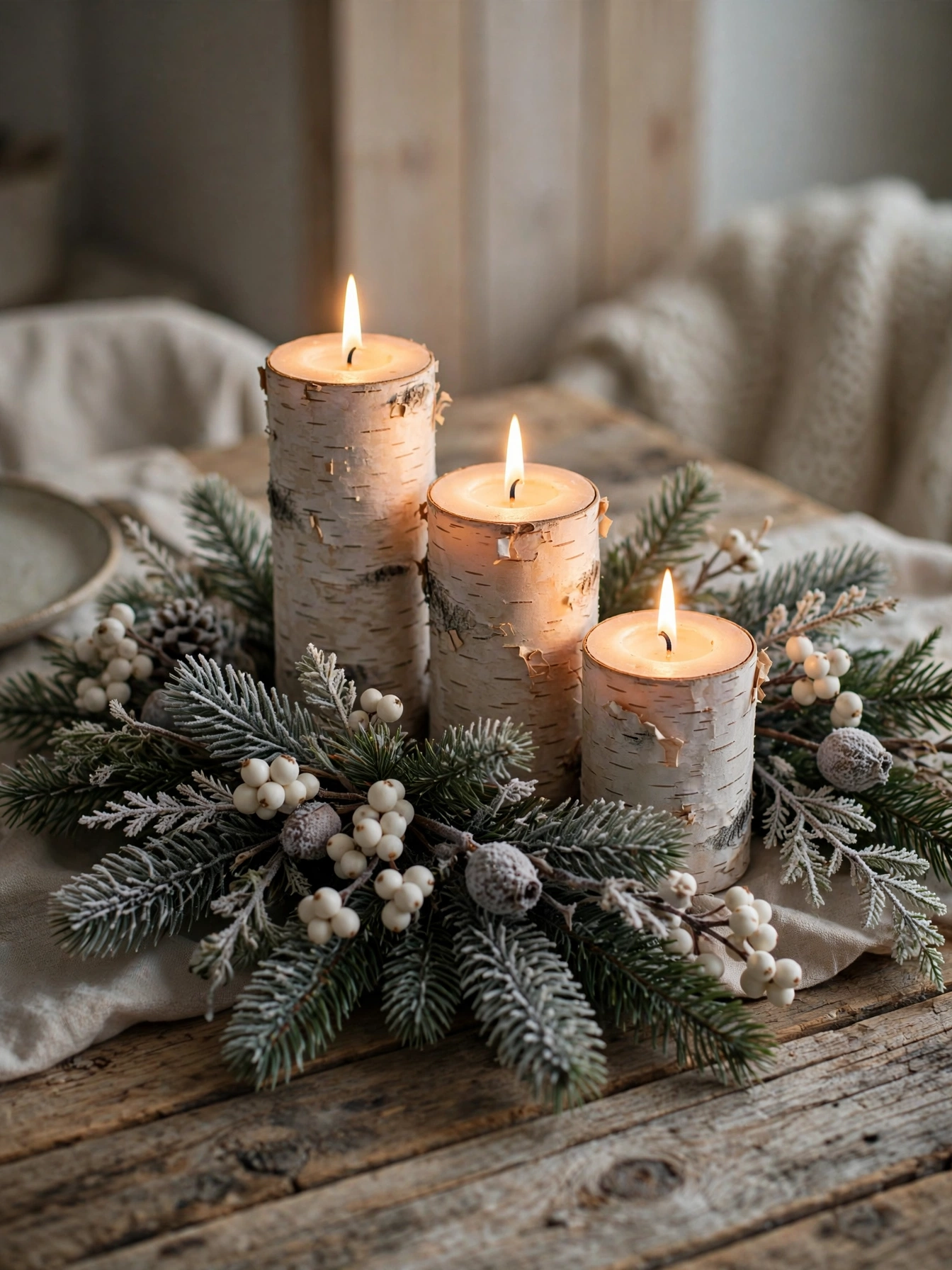 Birch bark wrapped pillar candles glowing softly, one of the most woodland diy christmas centerpiece ideas 2026