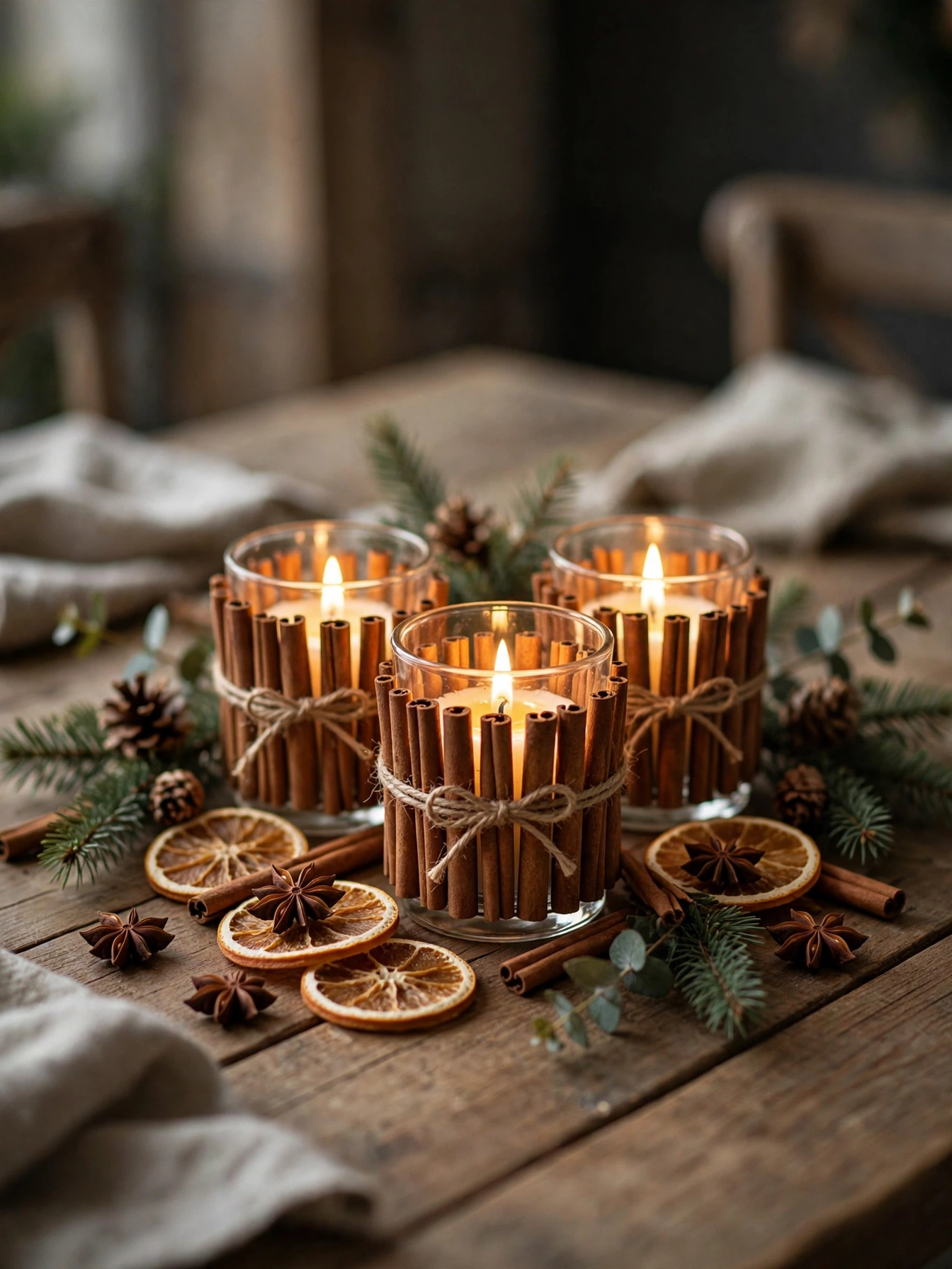 Cinnamon stick wrapped votives with warm glow, one of the most fragrant diy christmas centerpiece ideas 2026