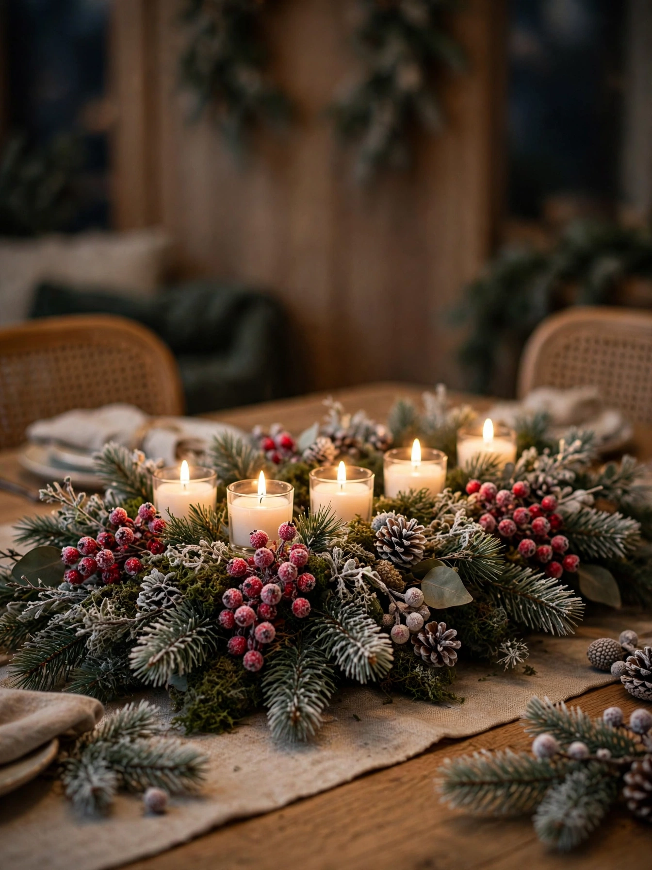 Frosted red berries around white votives, one of the most wintry diy christmas centerpiece ideas 2026