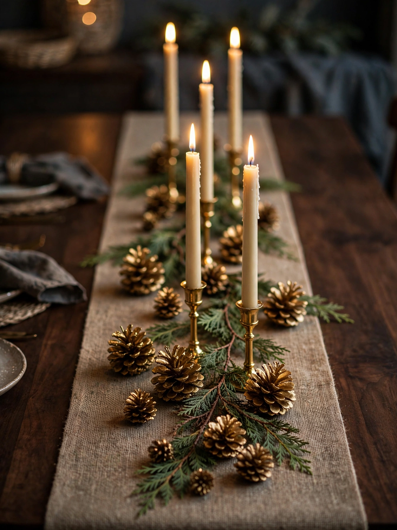 Gilded gold pinecones with cream taper candles, one of the warmest diy christmas centerpiece ideas 2026