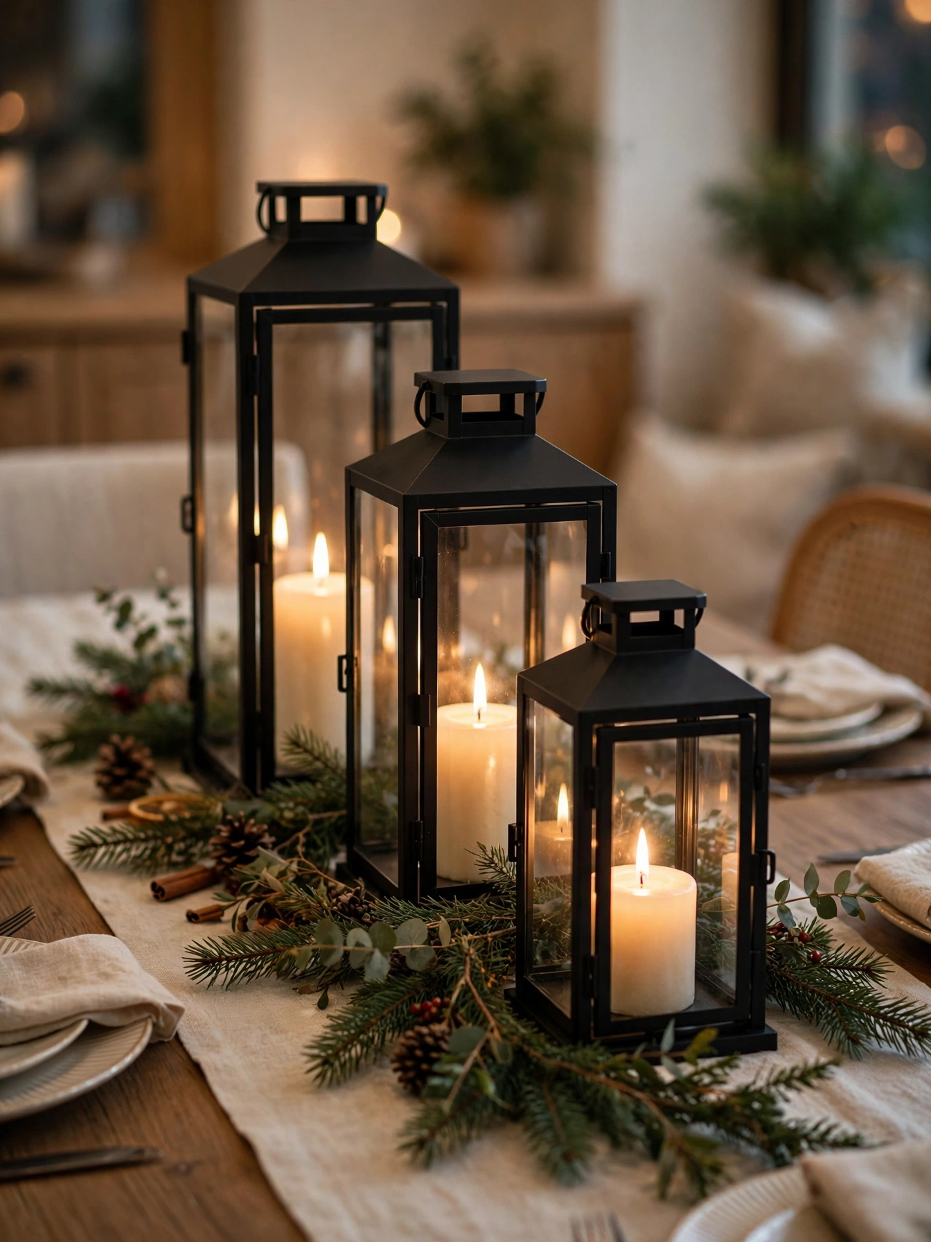 Black metal lanterns with candles glowing inside, one of the safest diy christmas centerpiece ideas 2026
