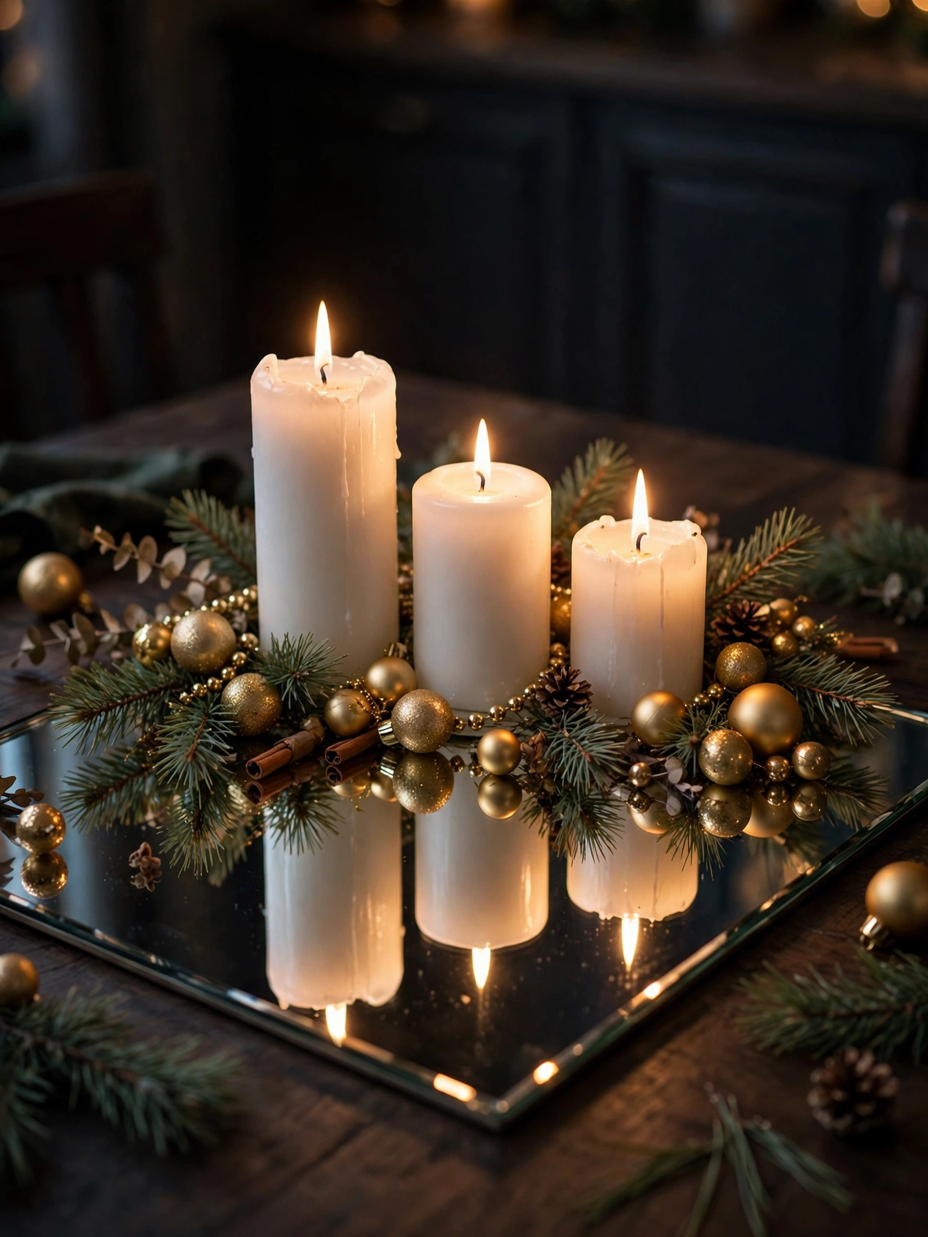 Pillar candles on a mirrored tray doubling the glow, one of the brightest diy christmas centerpiece ideas 2026